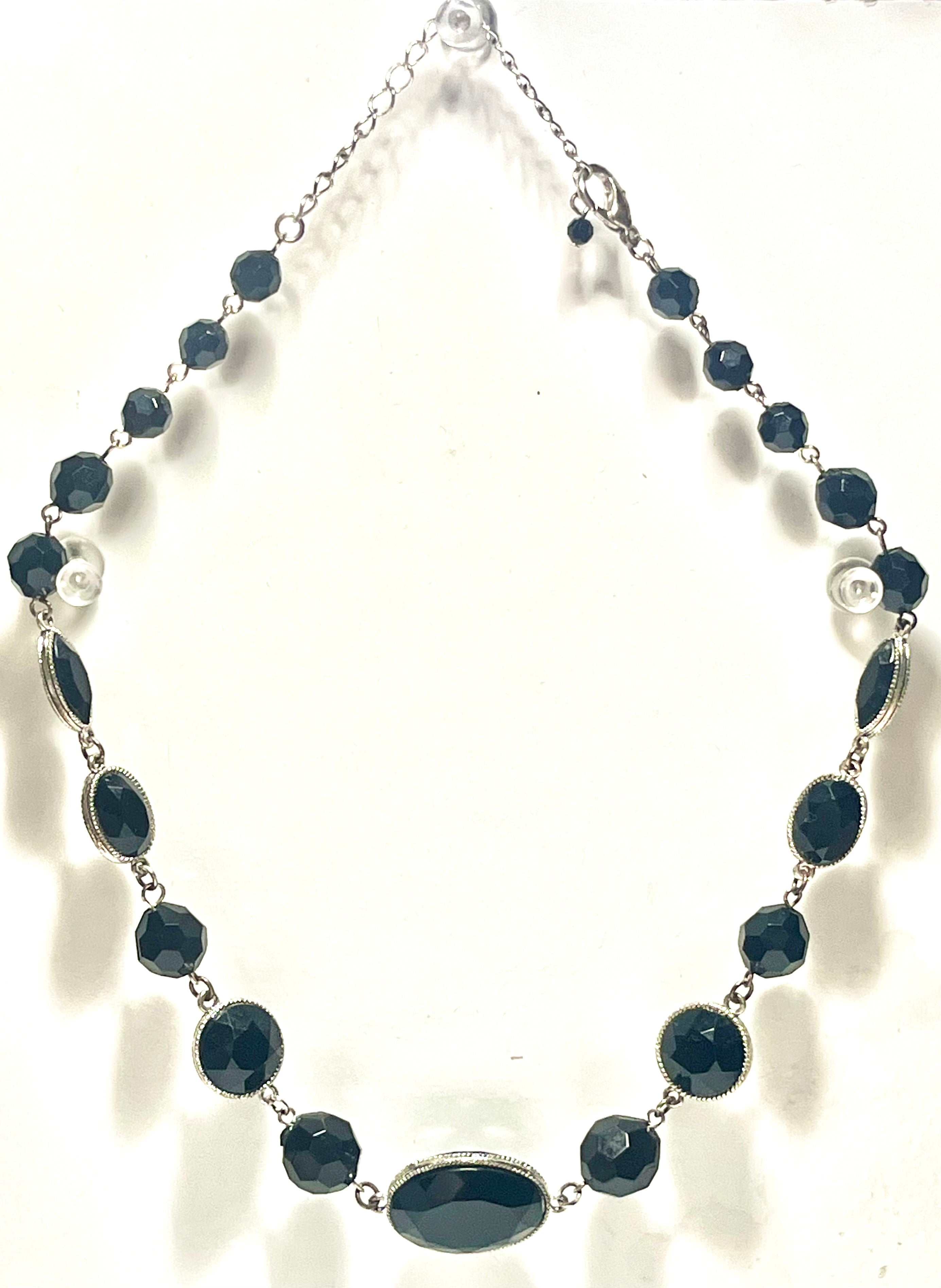Black Faceted Statement Necklace Silver Tone Oval & Bead Link Vintage Style