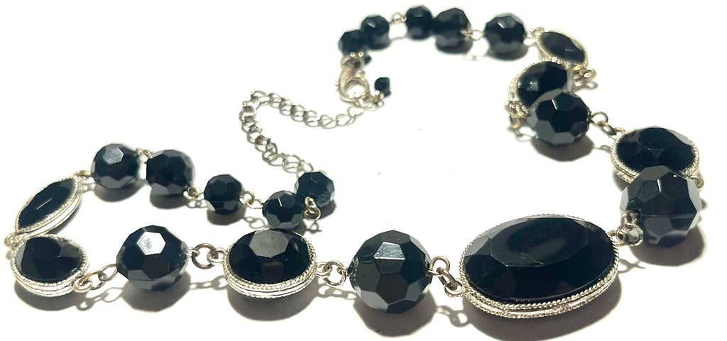 Black Faceted Statement Necklace Silver Tone Oval & Bead Link Vintage Style