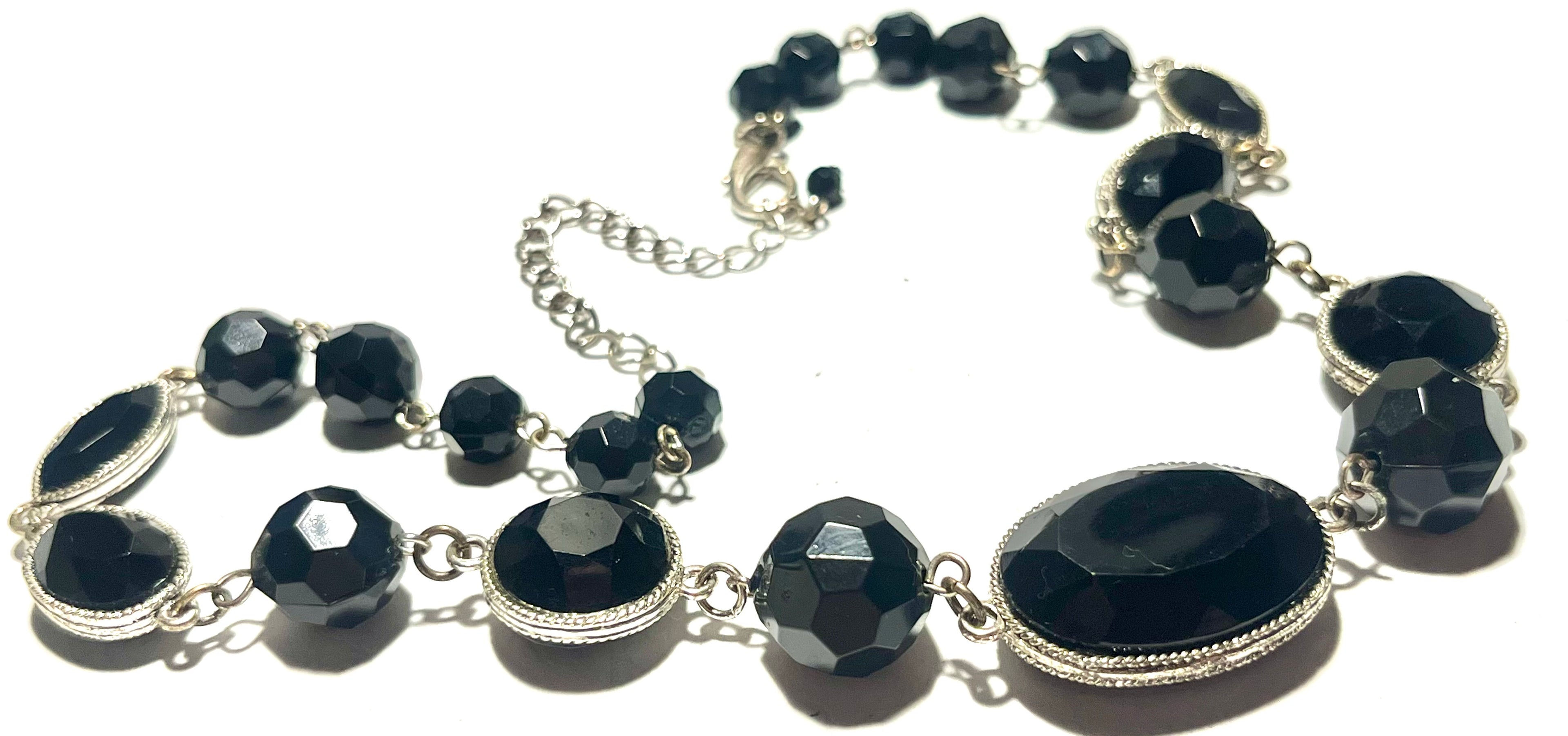 Black Faceted Statement Necklace Silver Tone Oval & Bead Link Vintage Style