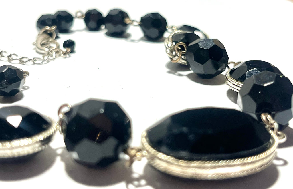Black Faceted Statement Necklace Silver Tone Oval & Bead Link Vintage Style