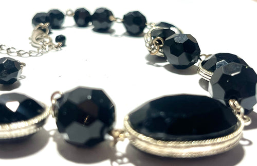 Black Faceted Statement Necklace Silver Tone Oval & Bead Link Vintage Style