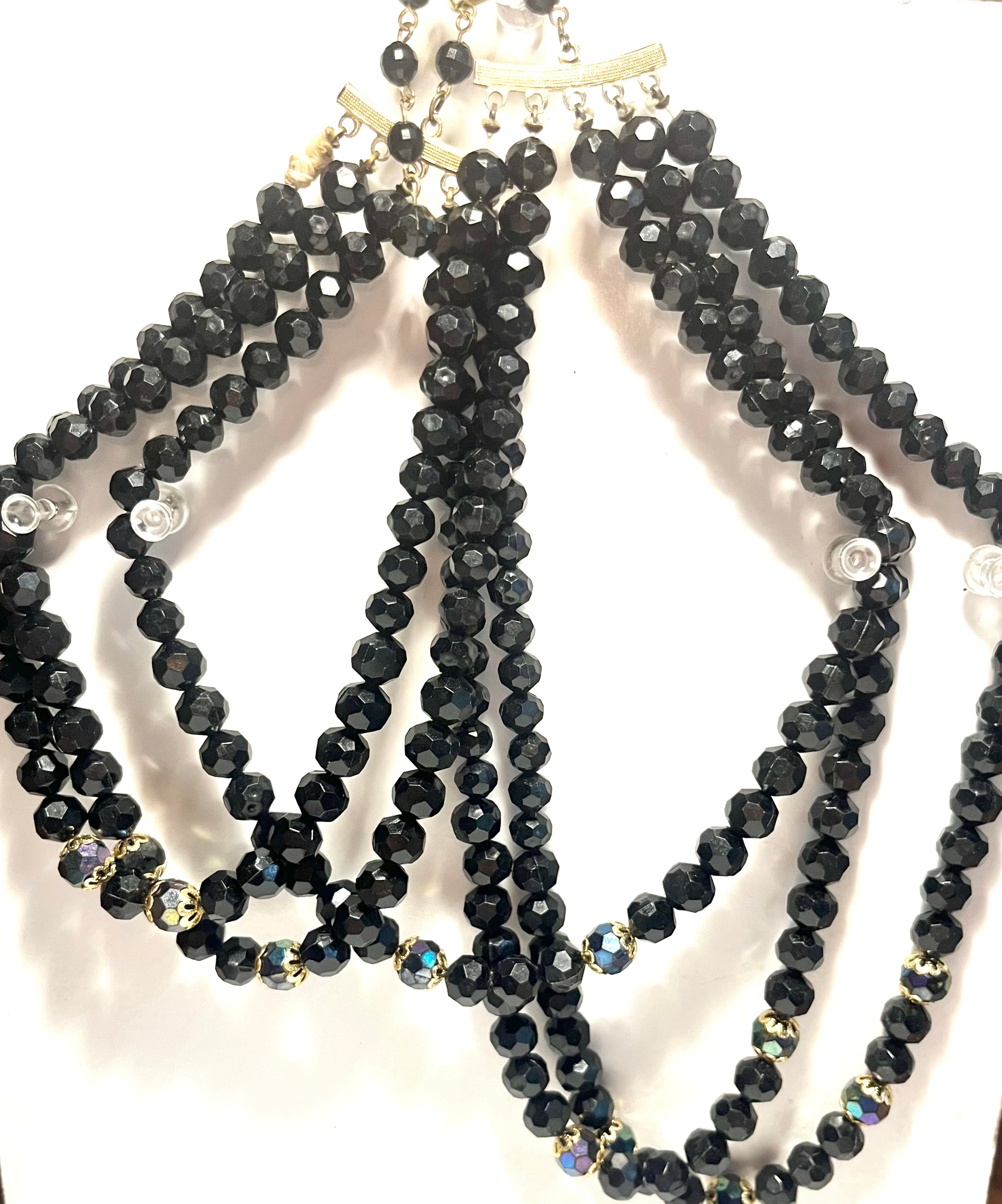 Vintage Multi-Strand Black Glass Bead Necklace – Aurora Borealis Spacers – Hong Kong