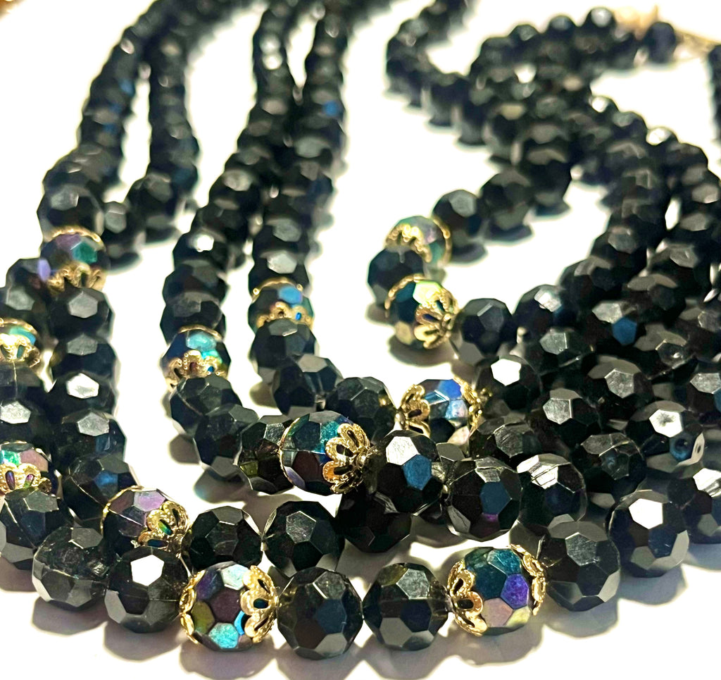 Vintage Multi-Strand Black Glass Bead Necklace – Aurora Borealis Spacers – Hong Kong