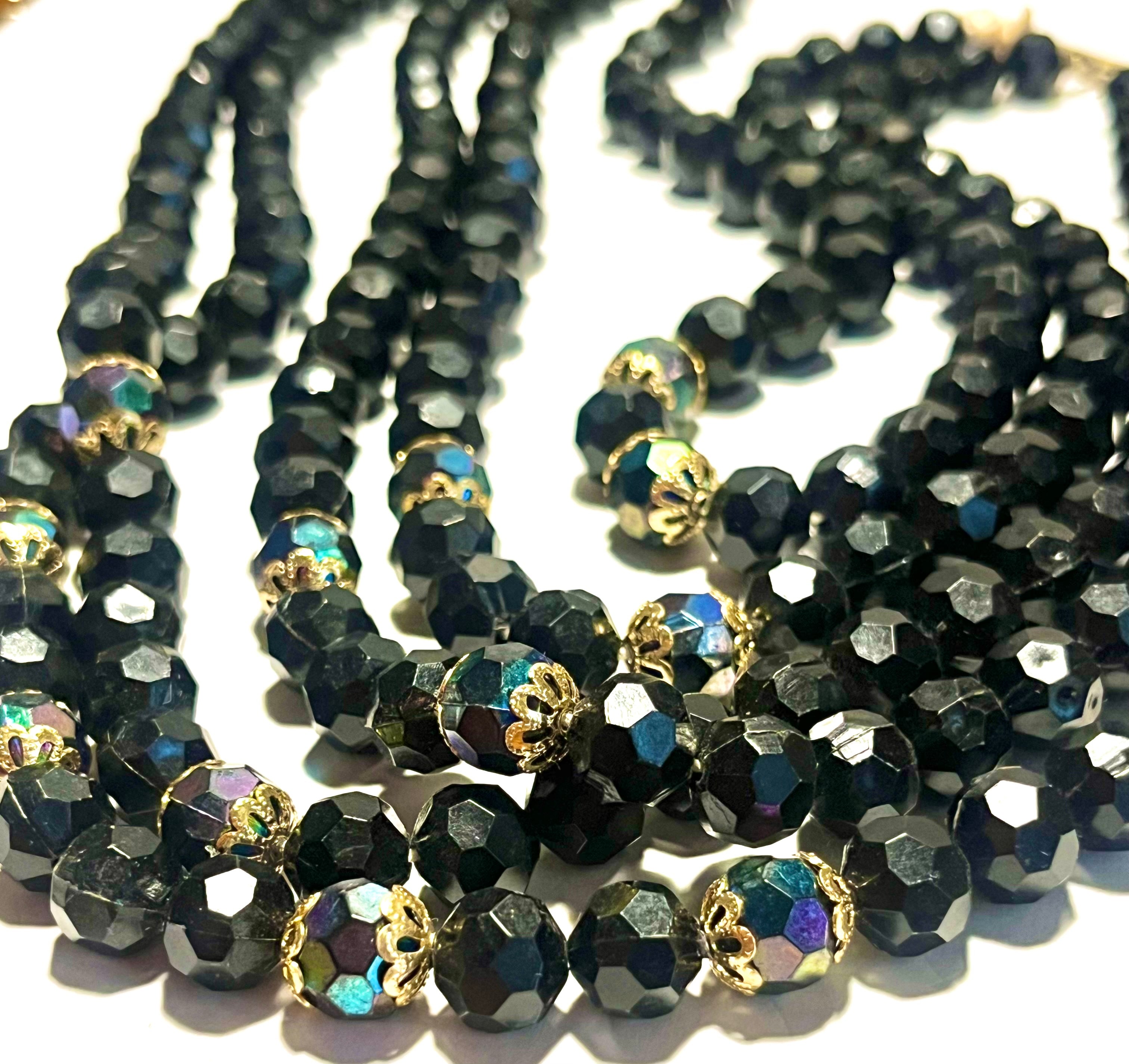 Vintage Multi-Strand Black Glass Bead Necklace – Aurora Borealis Spacers – Hong Kong