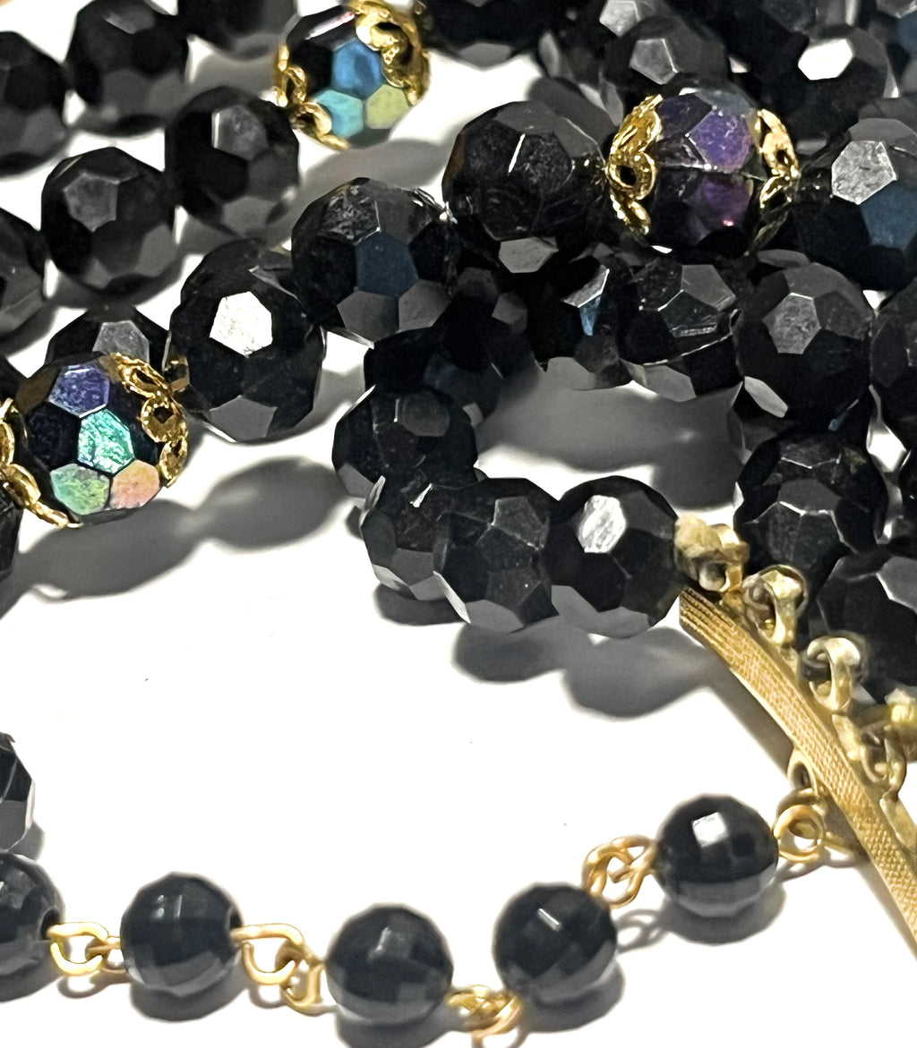Vintage Multi-Strand Black Glass Bead Necklace – Aurora Borealis Spacers – Hong Kong