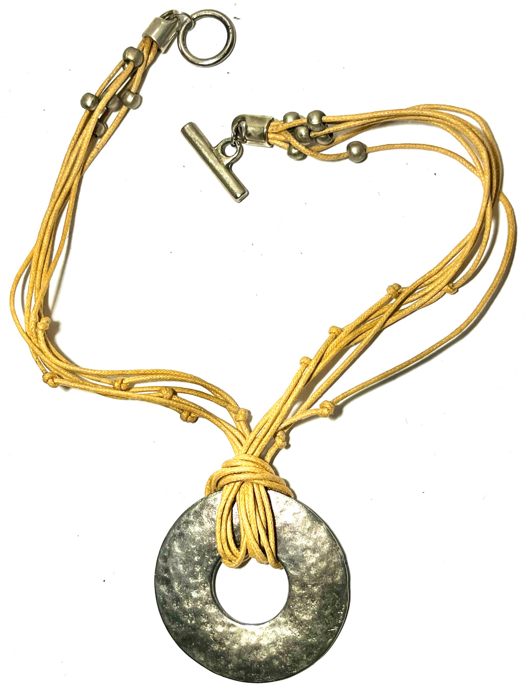 Boho Multi-Strand Cord Necklace with Hammered Silver Tone Donut Pendant