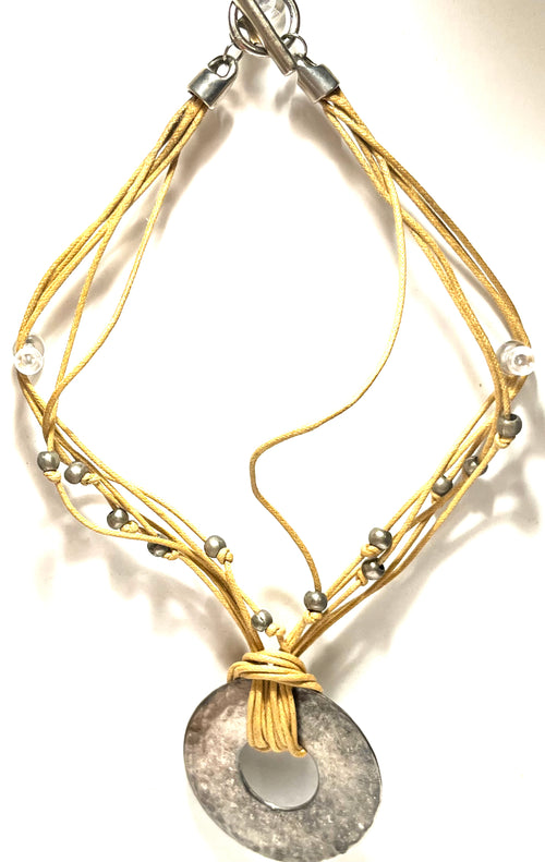 Boho Multi-Strand Cord Necklace with Hammered Silver Tone Donut Pendant