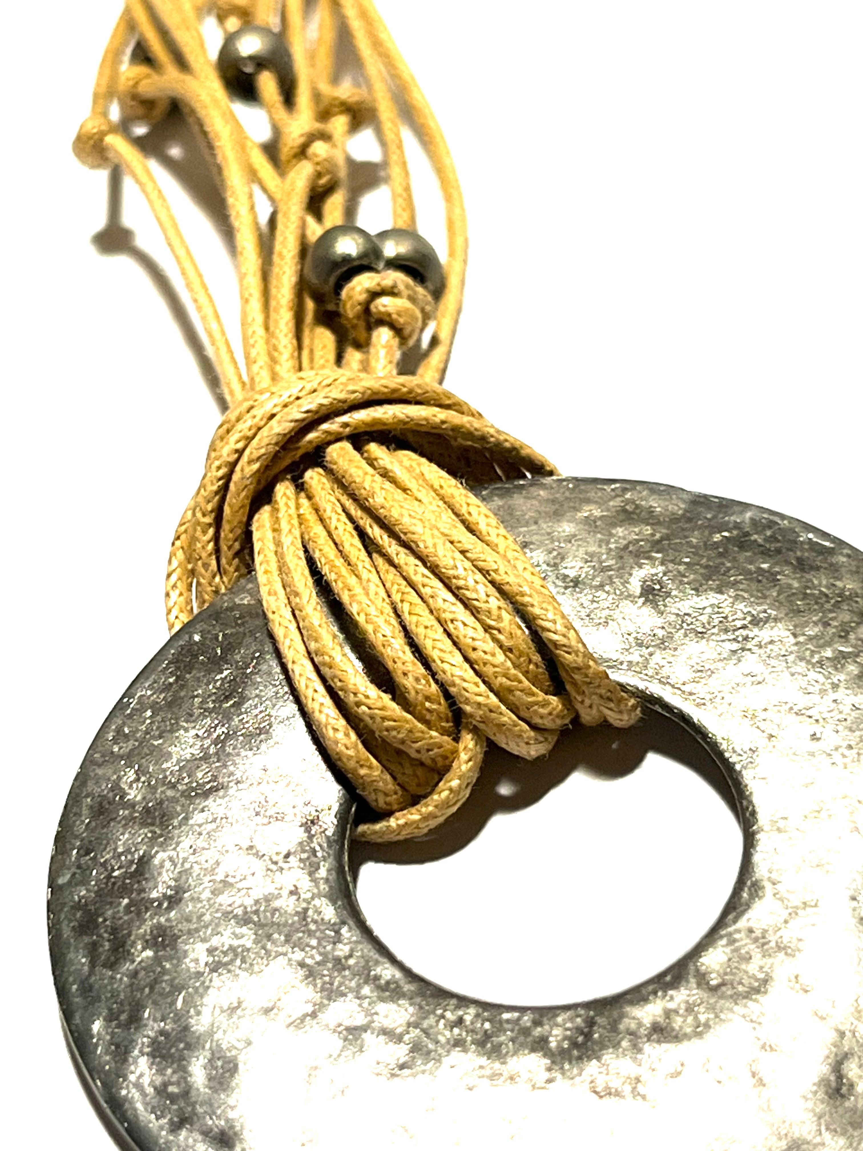 Boho Multi-Strand Cord Necklace with Hammered Silver Tone Donut Pendant