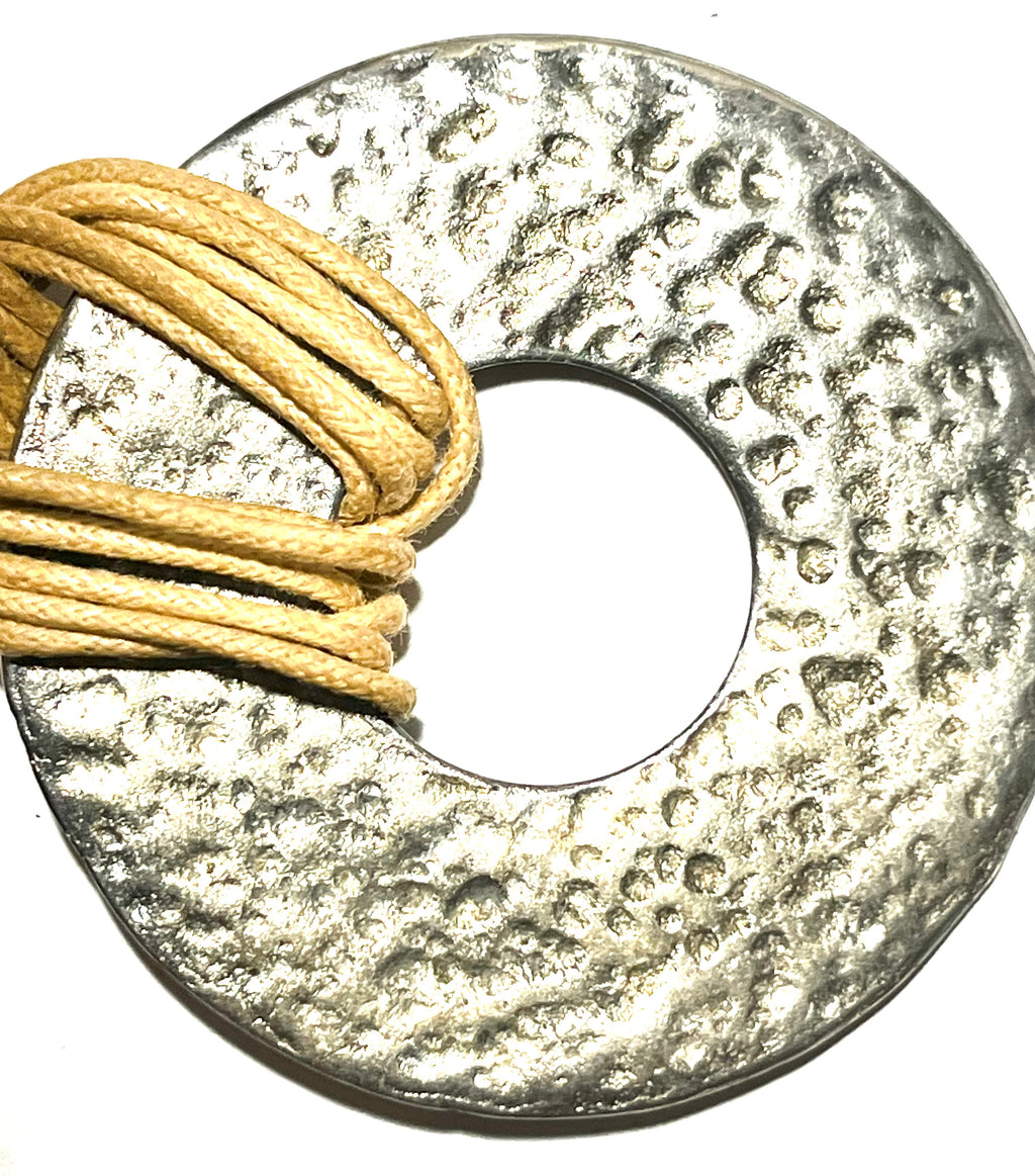 Boho Multi-Strand Cord Necklace with Hammered Silver Tone Donut Pendant