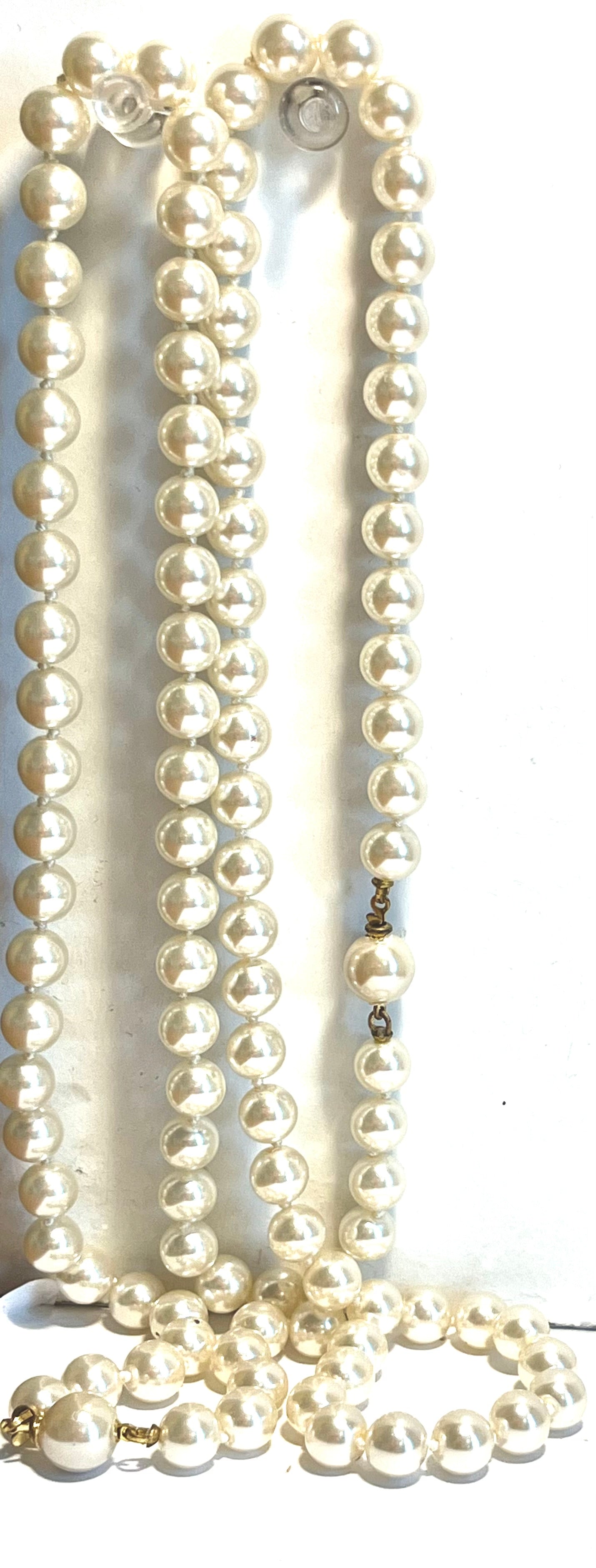 Vintage Faux Pearl Opera Necklace Ivory Beaded Strand Mid Century Costume Jewelry
