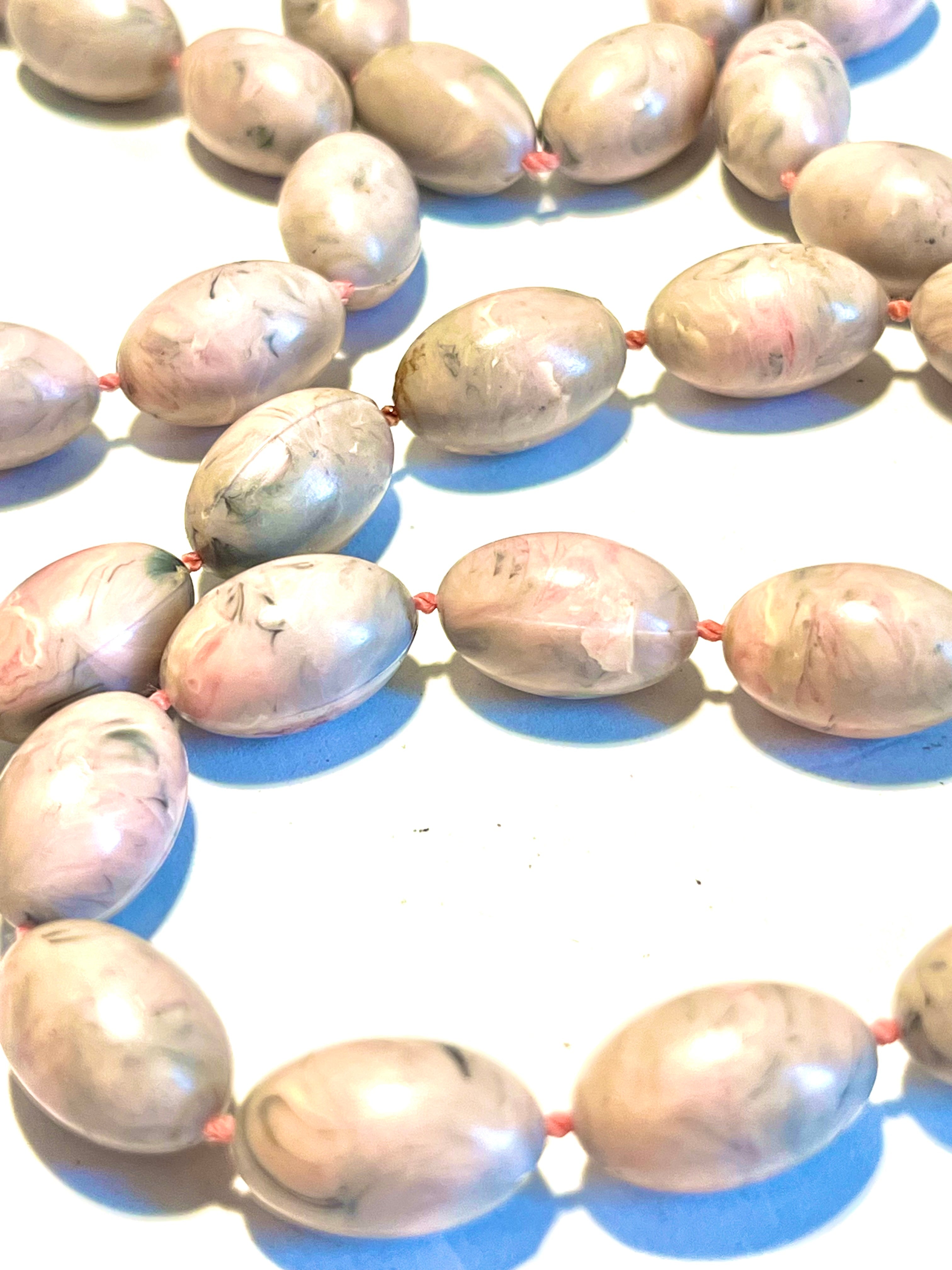 Vintage Marbled Lucite Statement Necklace Oversized Oval Beads Pink Gray Mid Century