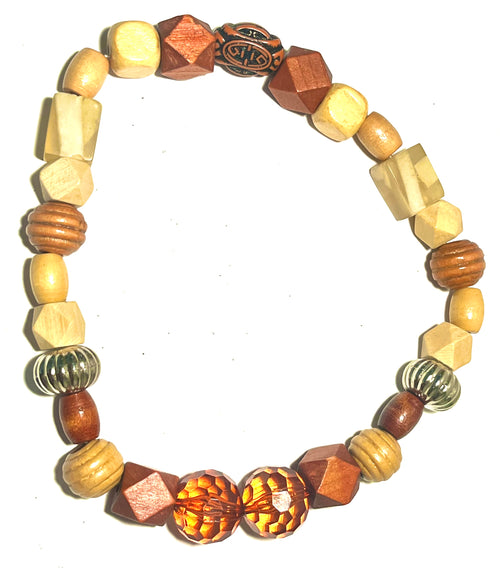 Boho Mixed Bead Statement Necklace Wood Acrylic Amber Geometric Artisan Style
