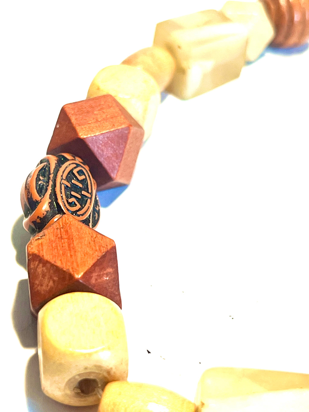 Boho Mixed Bead Statement Necklace Wood Acrylic Amber Geometric Artisan Style
