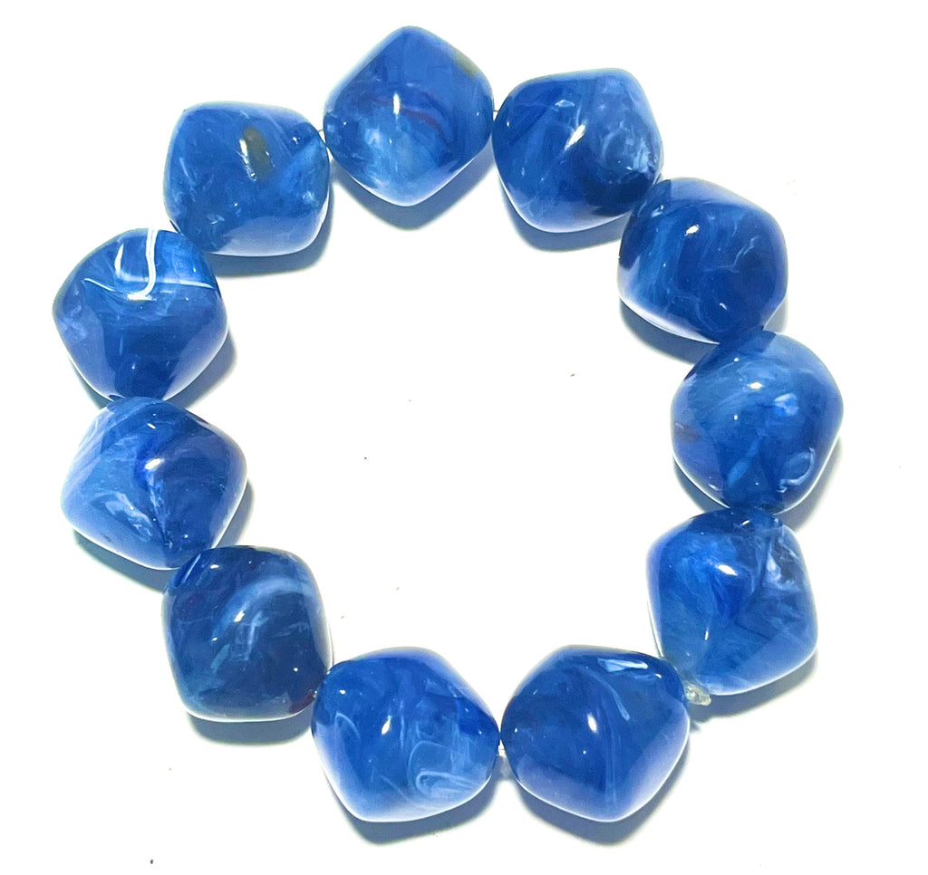 Vintage Blue Marbled Lucite Stretch Bracelet Chunky Acrylic Statement Jewelry