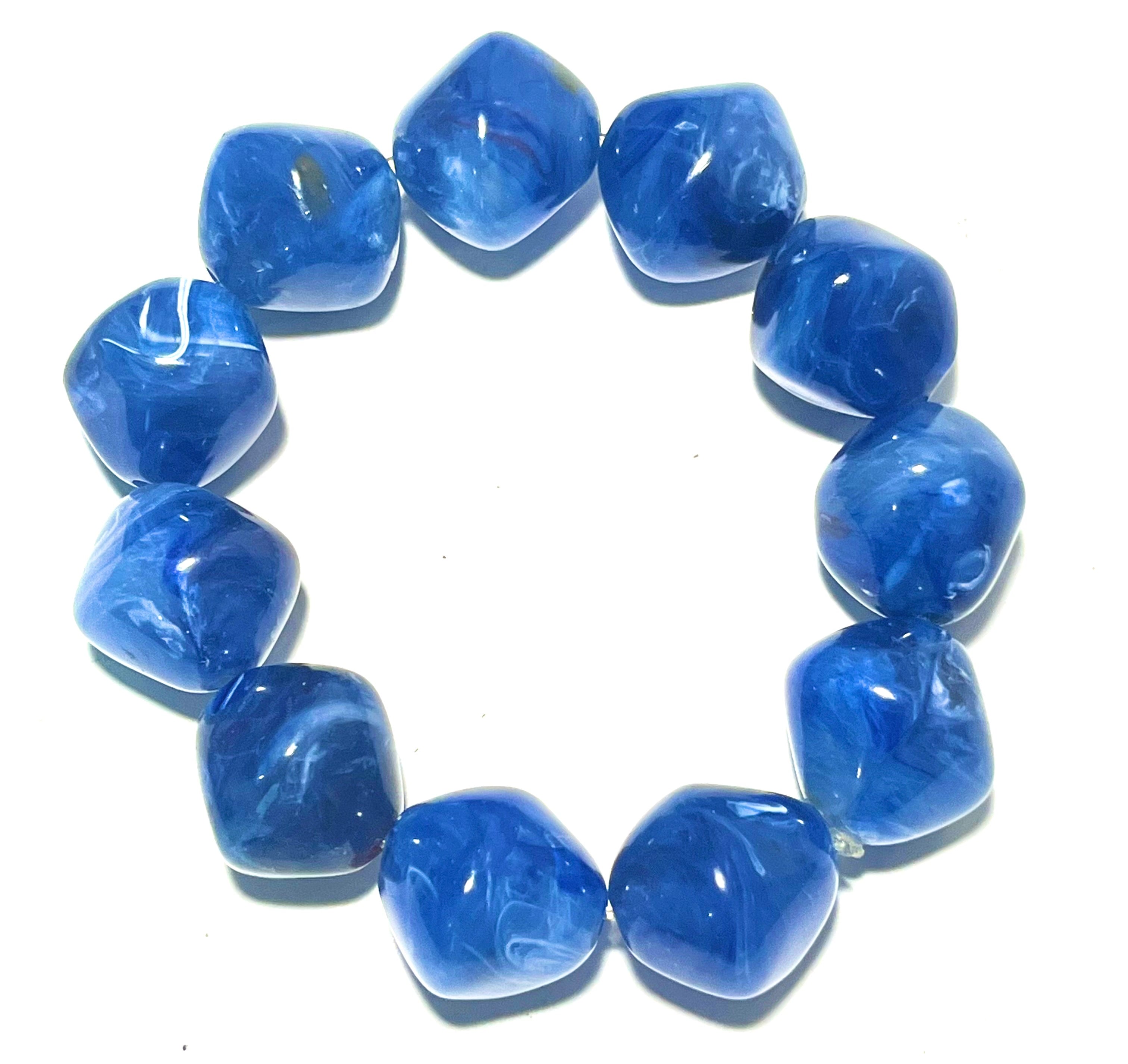 Vintage Blue Marbled Lucite Stretch Bracelet Chunky Acrylic Statement Jewelry