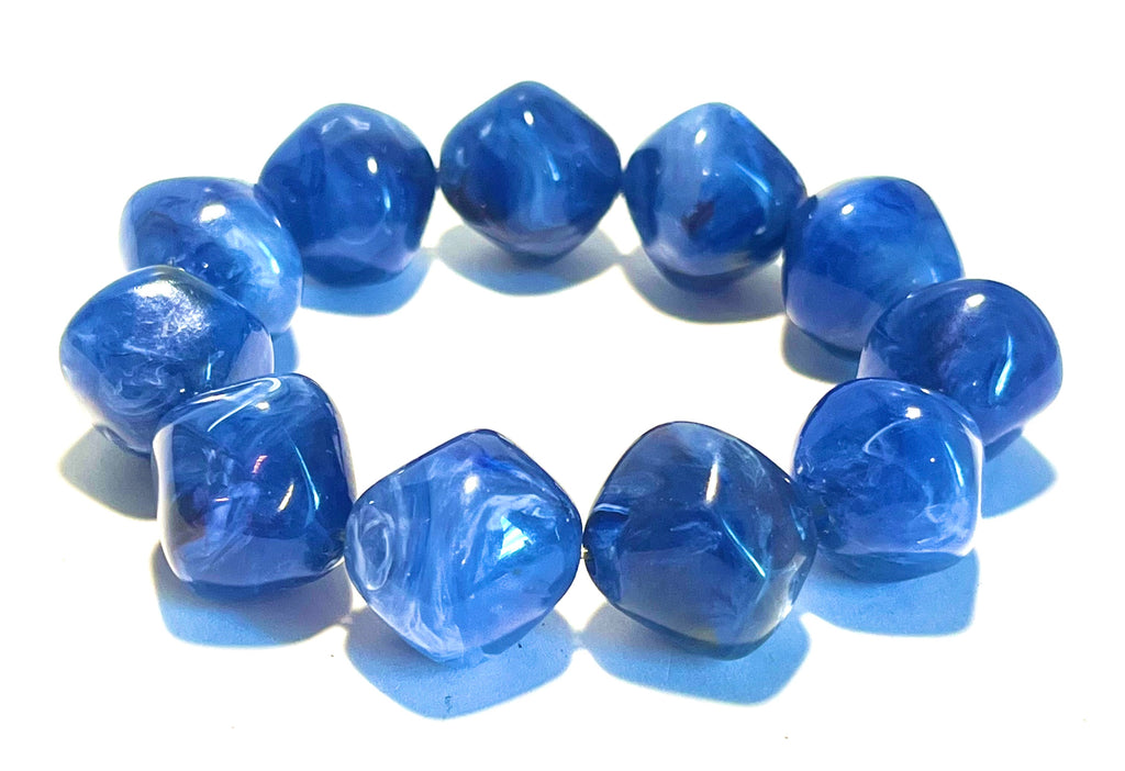 Vintage Blue Marbled Lucite Stretch Bracelet Chunky Acrylic Statement Jewelry