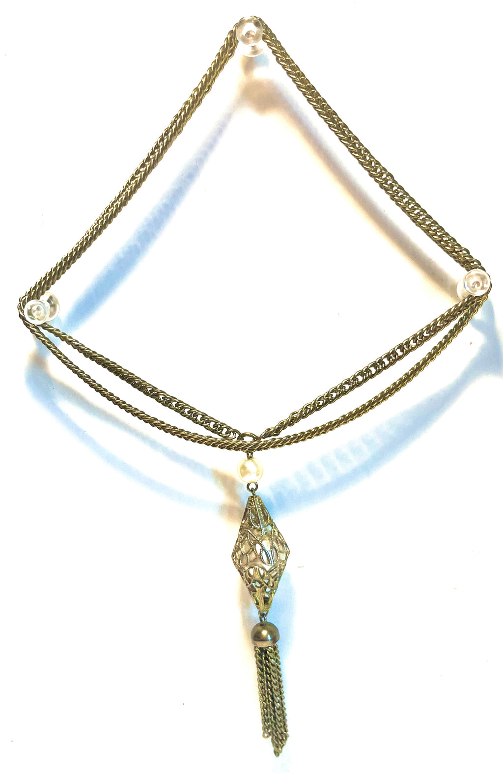 Vintage Filigree Tassel Necklace Faux Pearl Art Deco Revival Statement Jewelry