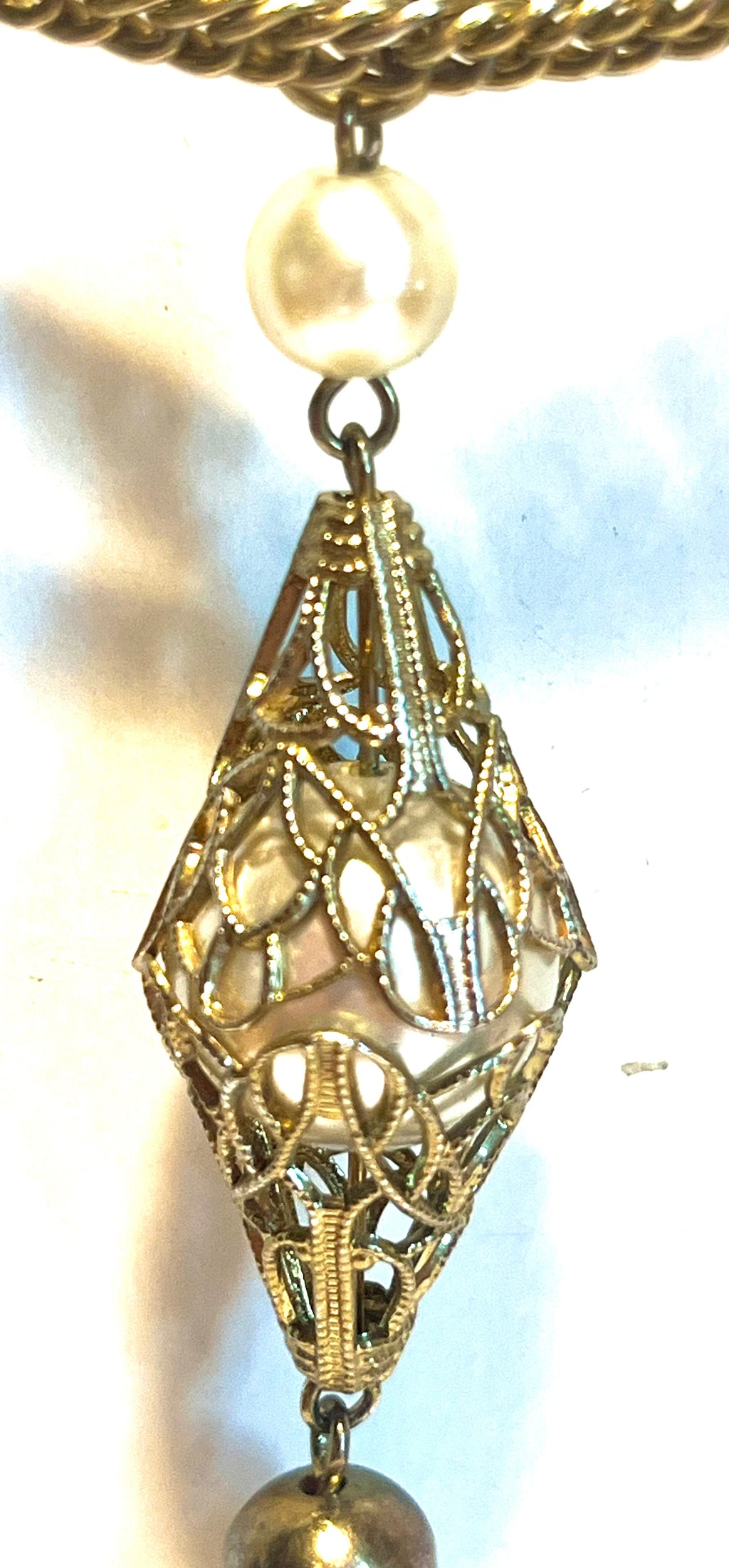 Vintage Filigree Tassel Necklace Faux Pearl Art Deco Revival Statement Jewelry
