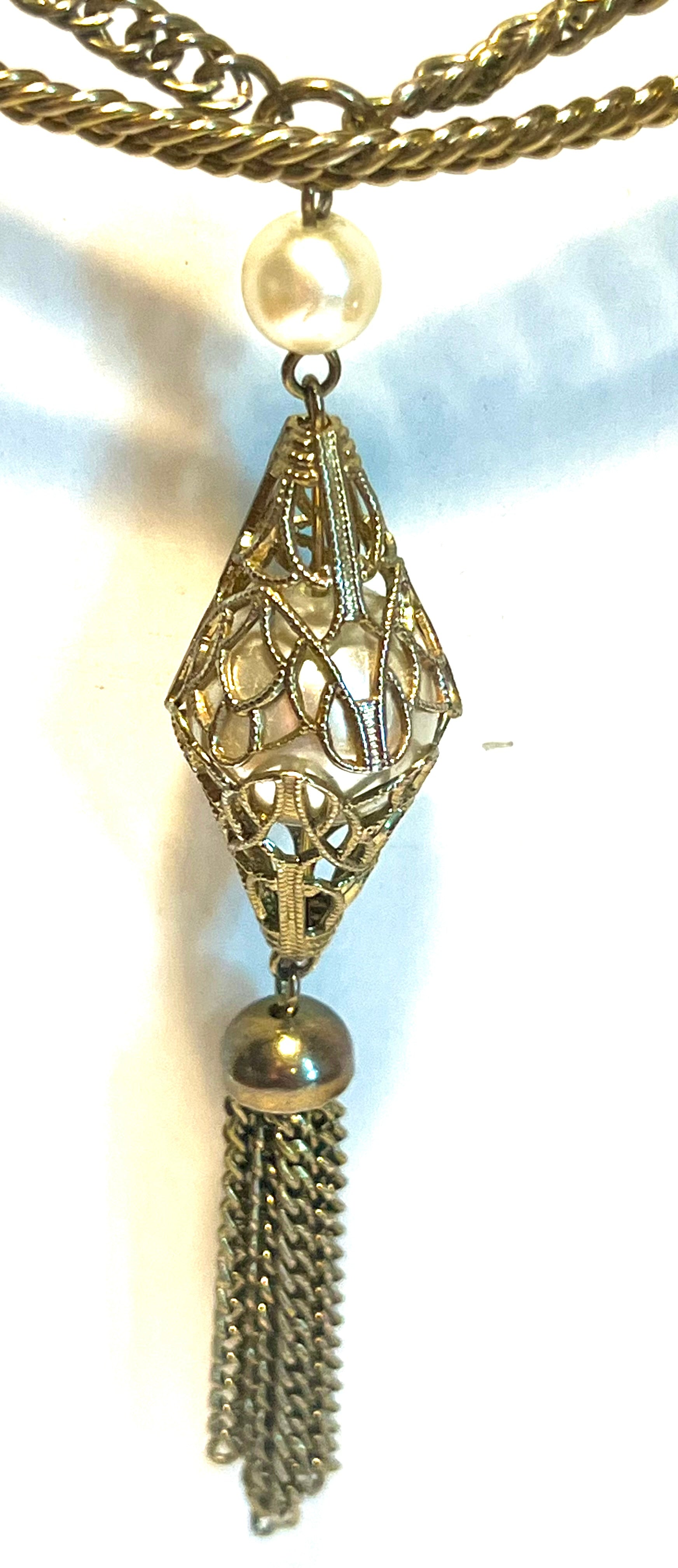Vintage Filigree Tassel Necklace Faux Pearl Art Deco Revival Statement Jewelry