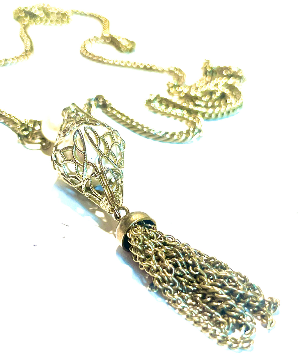 Vintage Filigree Tassel Necklace Faux Pearl Art Deco Revival Statement Jewelry