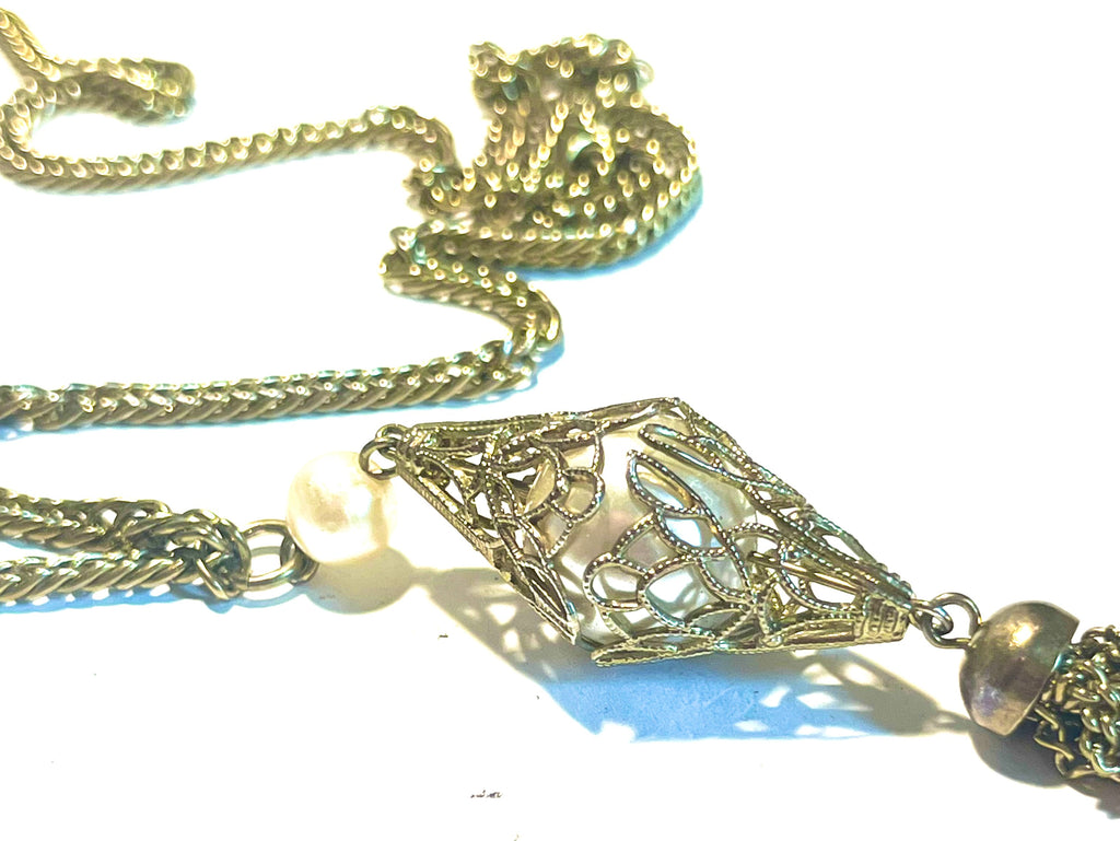 Vintage Filigree Tassel Necklace Faux Pearl Art Deco Revival Statement Jewelry