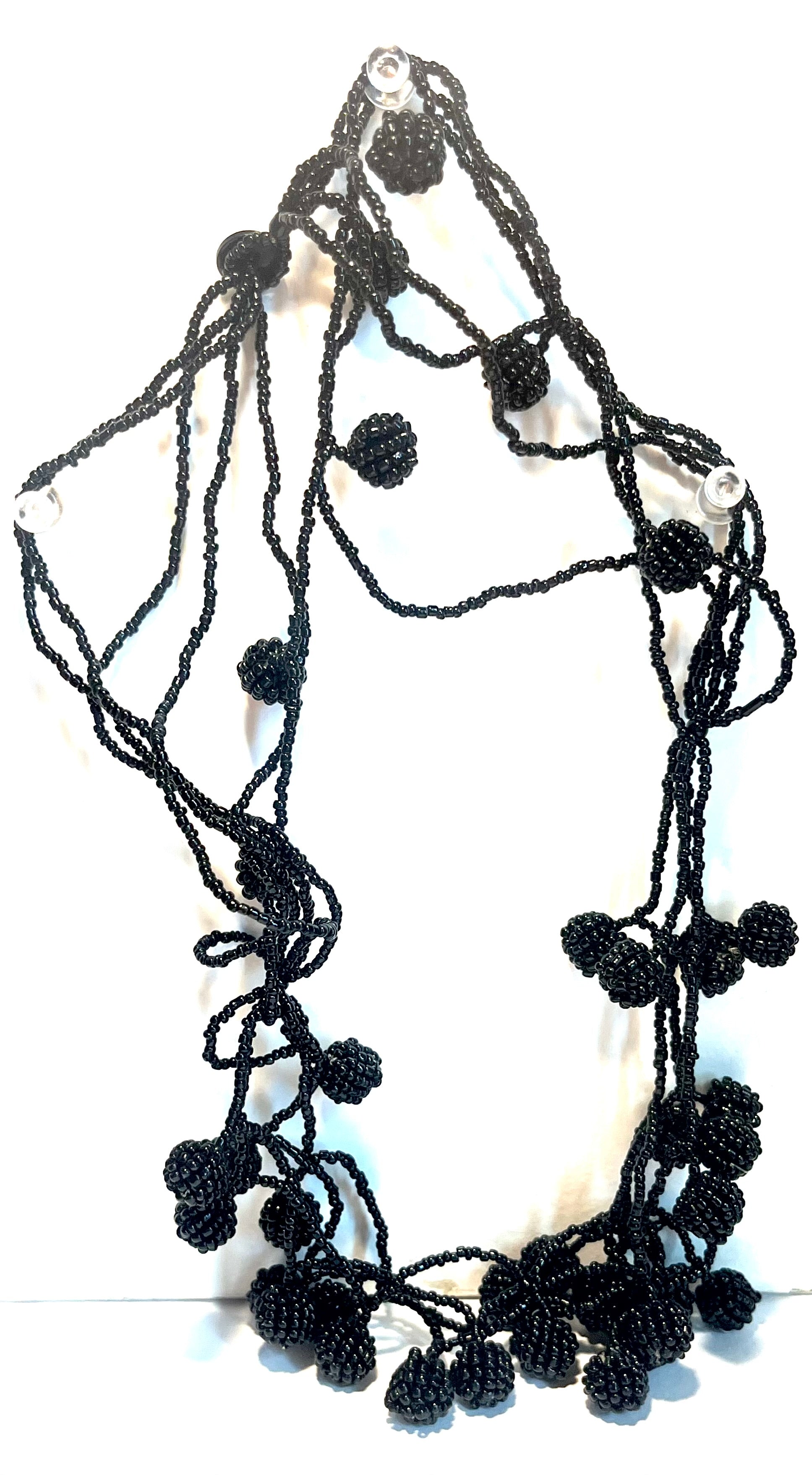 Vintage Black Seed Bead Statement Necklace Handmade Fringe Cluster Bib Necklace
