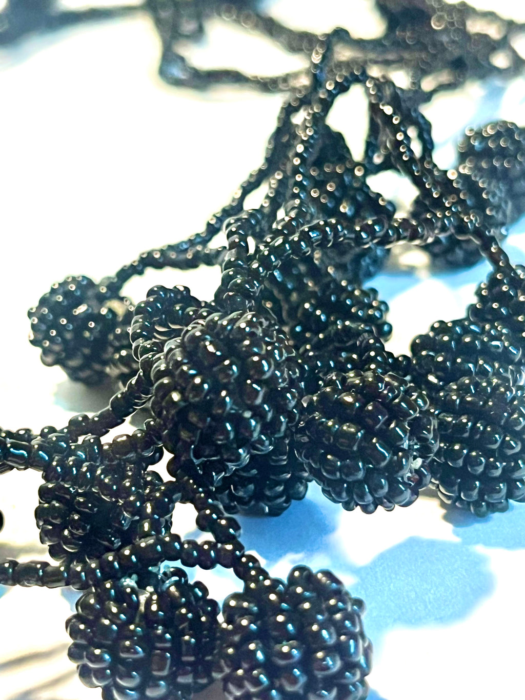 Vintage Black Seed Bead Statement Necklace Handmade Fringe Cluster Bib Necklace