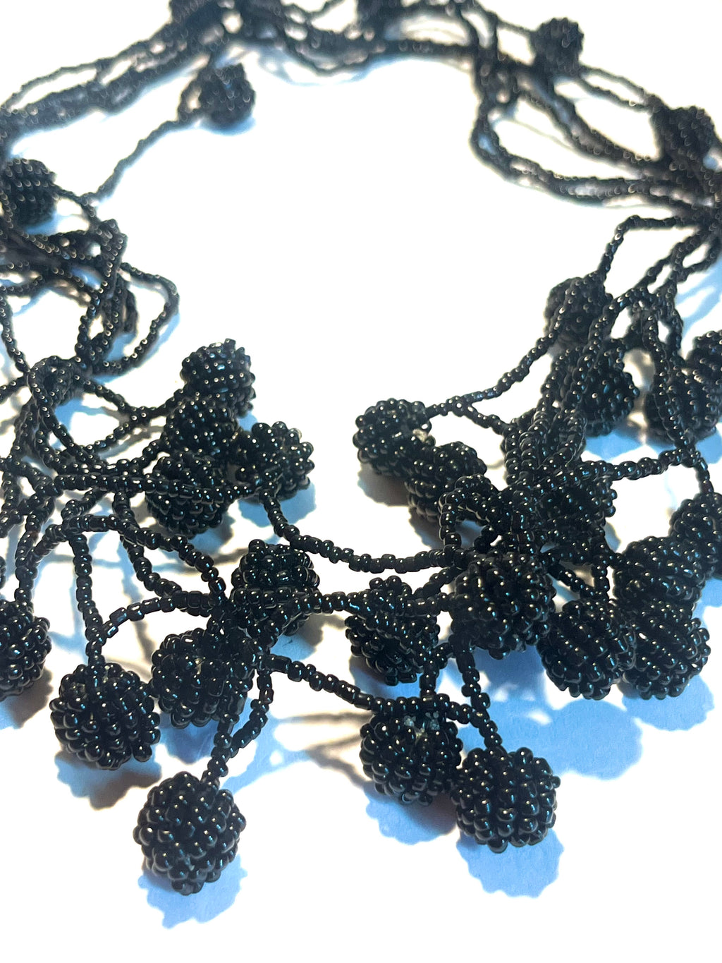 Vintage Black Seed Bead Statement Necklace Handmade Fringe Cluster Bib Necklace