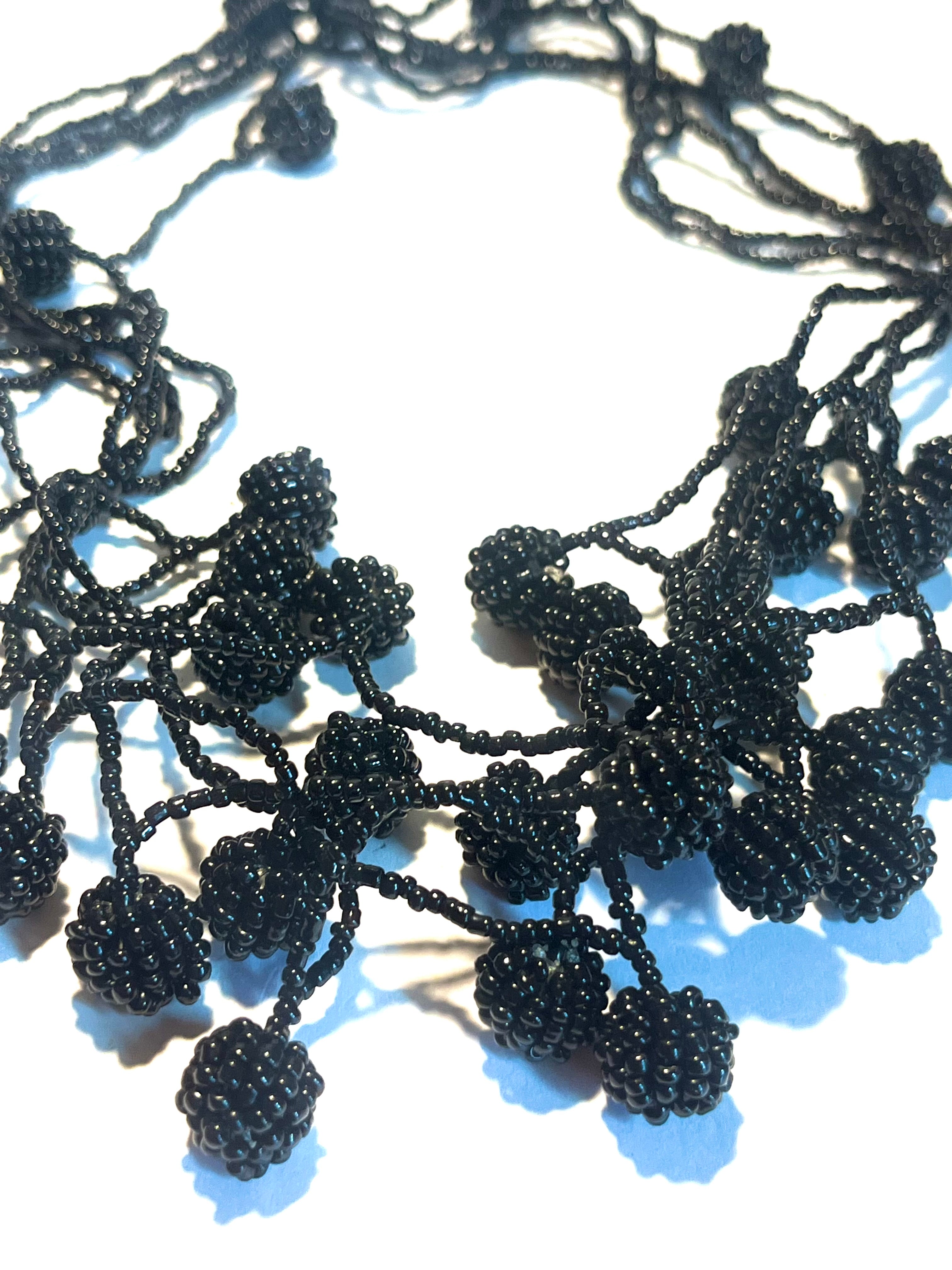 Vintage Black Seed Bead Statement Necklace Handmade Fringe Cluster Bib Necklace