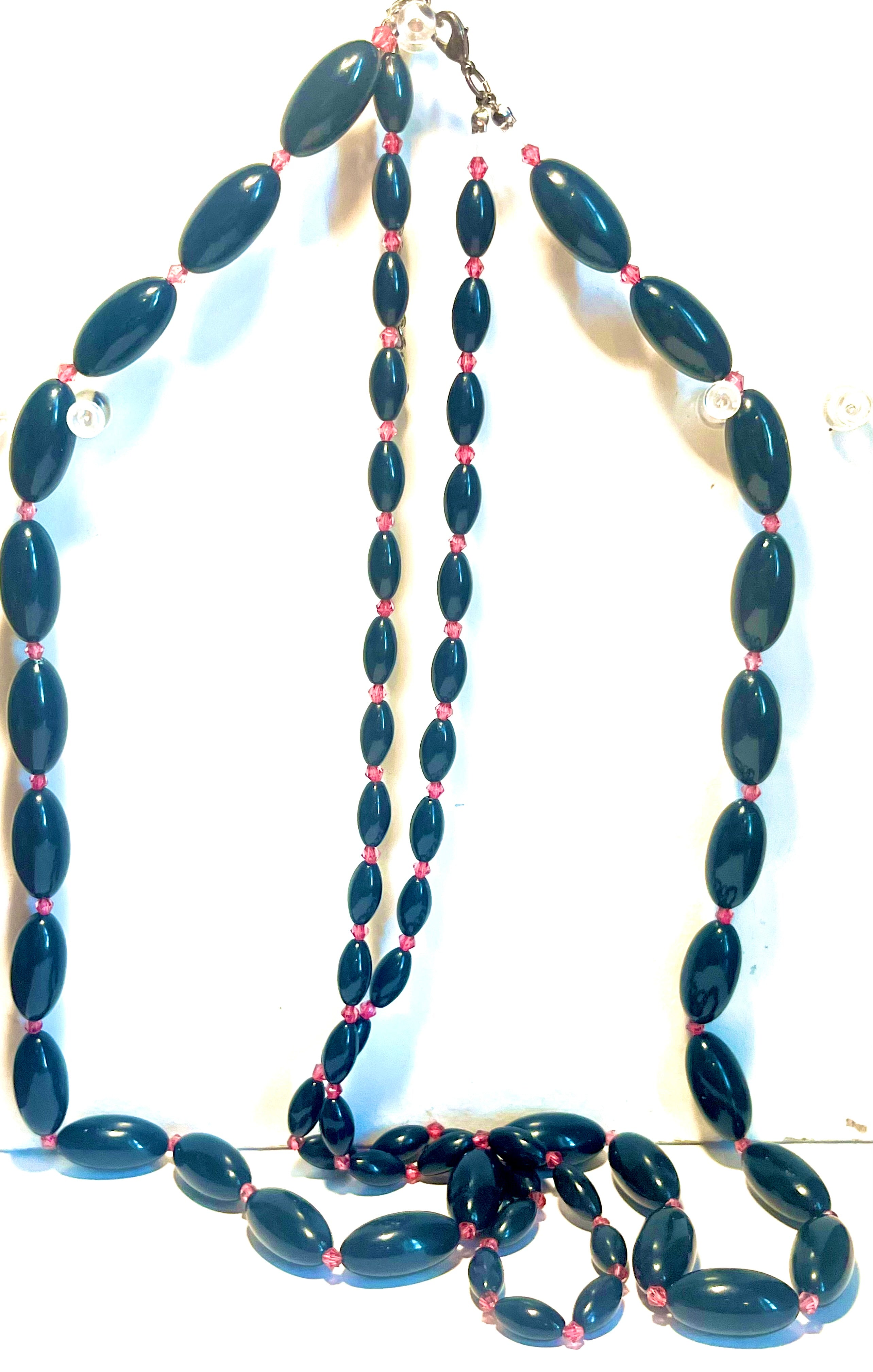Vintage Black Oval Bead Necklace with Pink Crystal Spacers Long Retro Statement Necklace