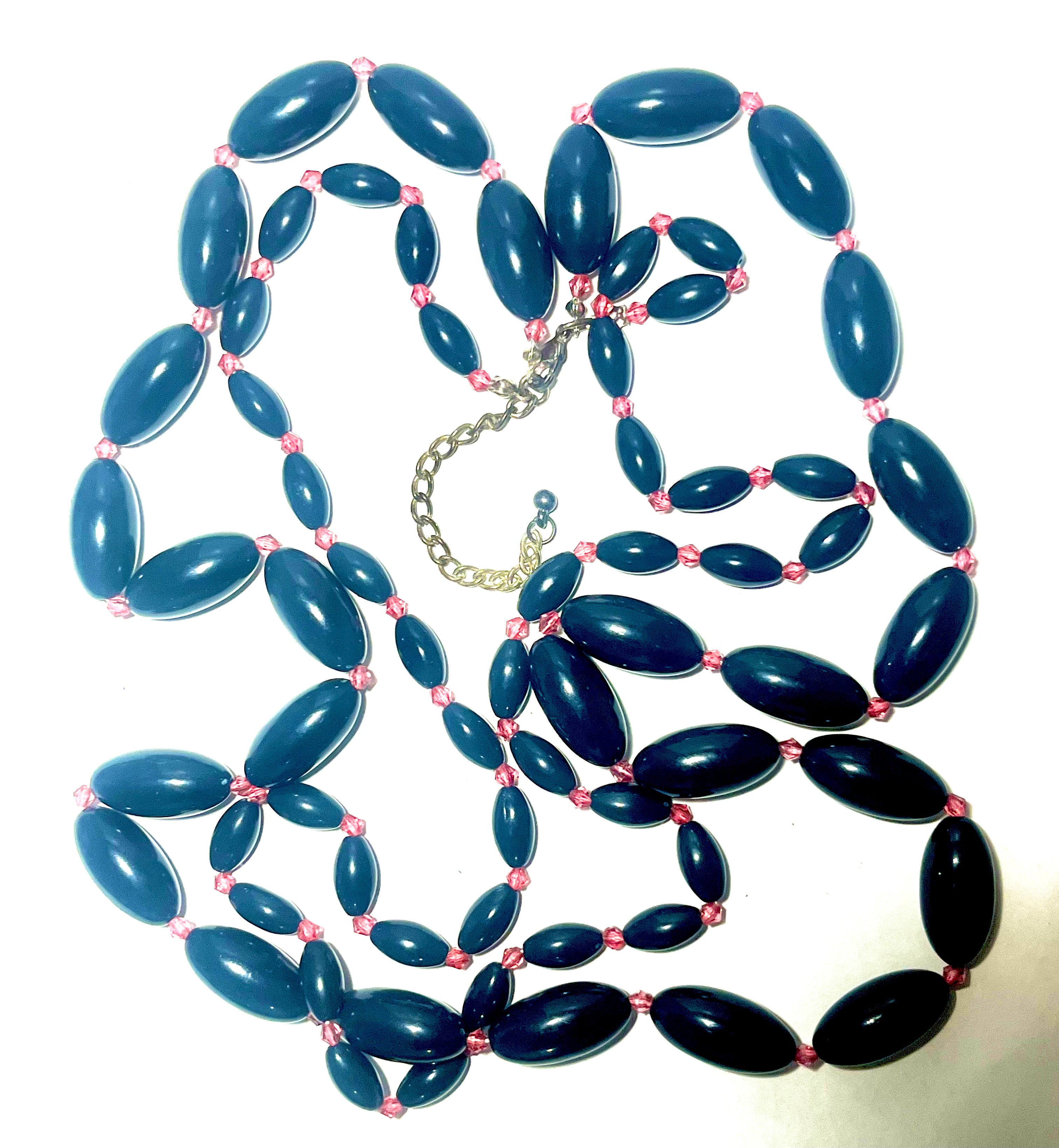 Vintage Black Oval Bead Necklace with Pink Crystal Spacers Long Retro Statement Necklace