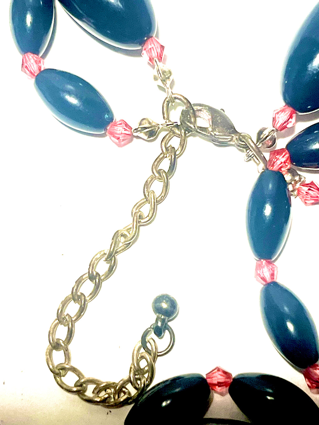 Vintage Black Oval Bead Necklace with Pink Crystal Spacers Long Retro Statement Necklace