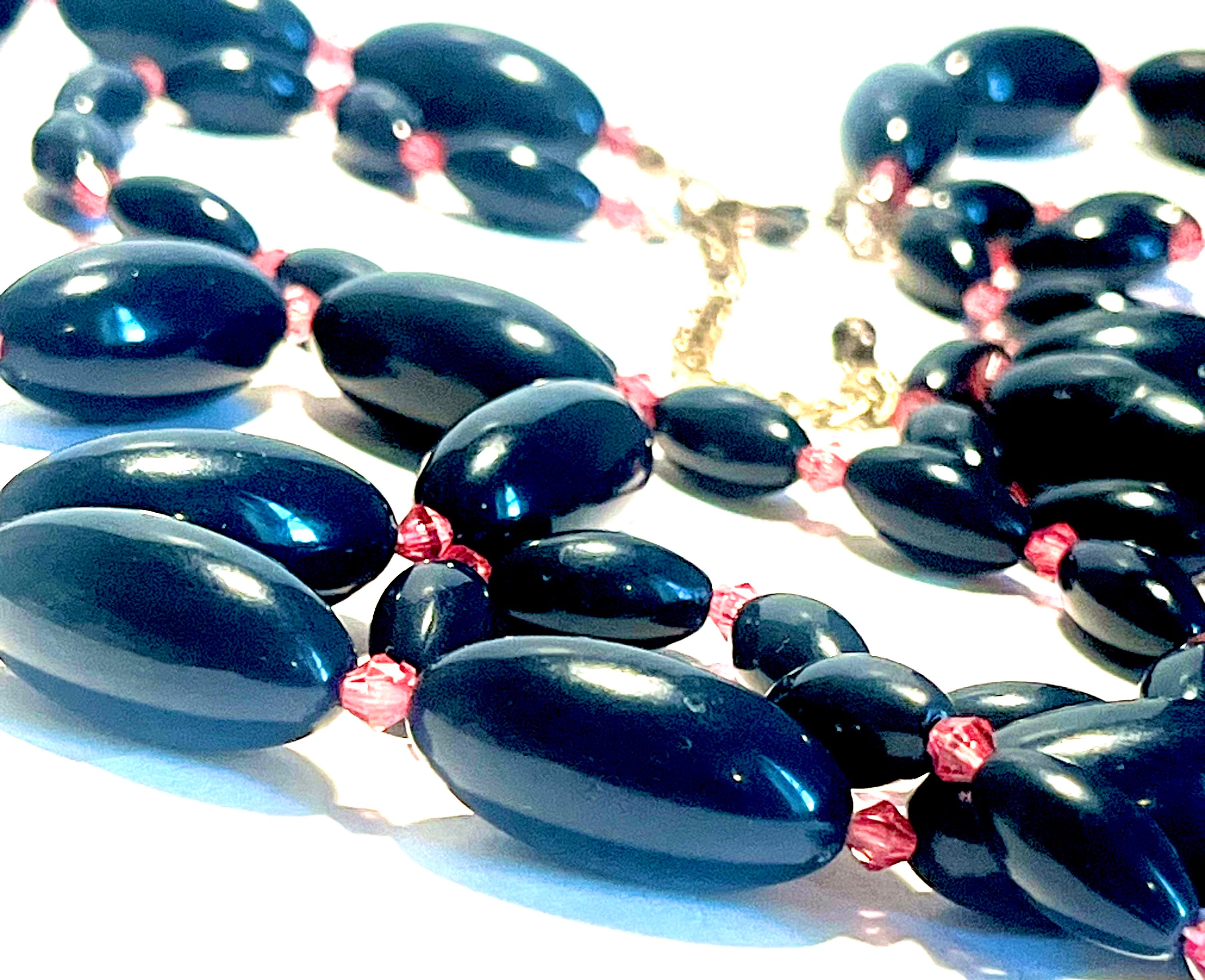Vintage Black Oval Bead Necklace with Pink Crystal Spacers Long Retro Statement Necklace