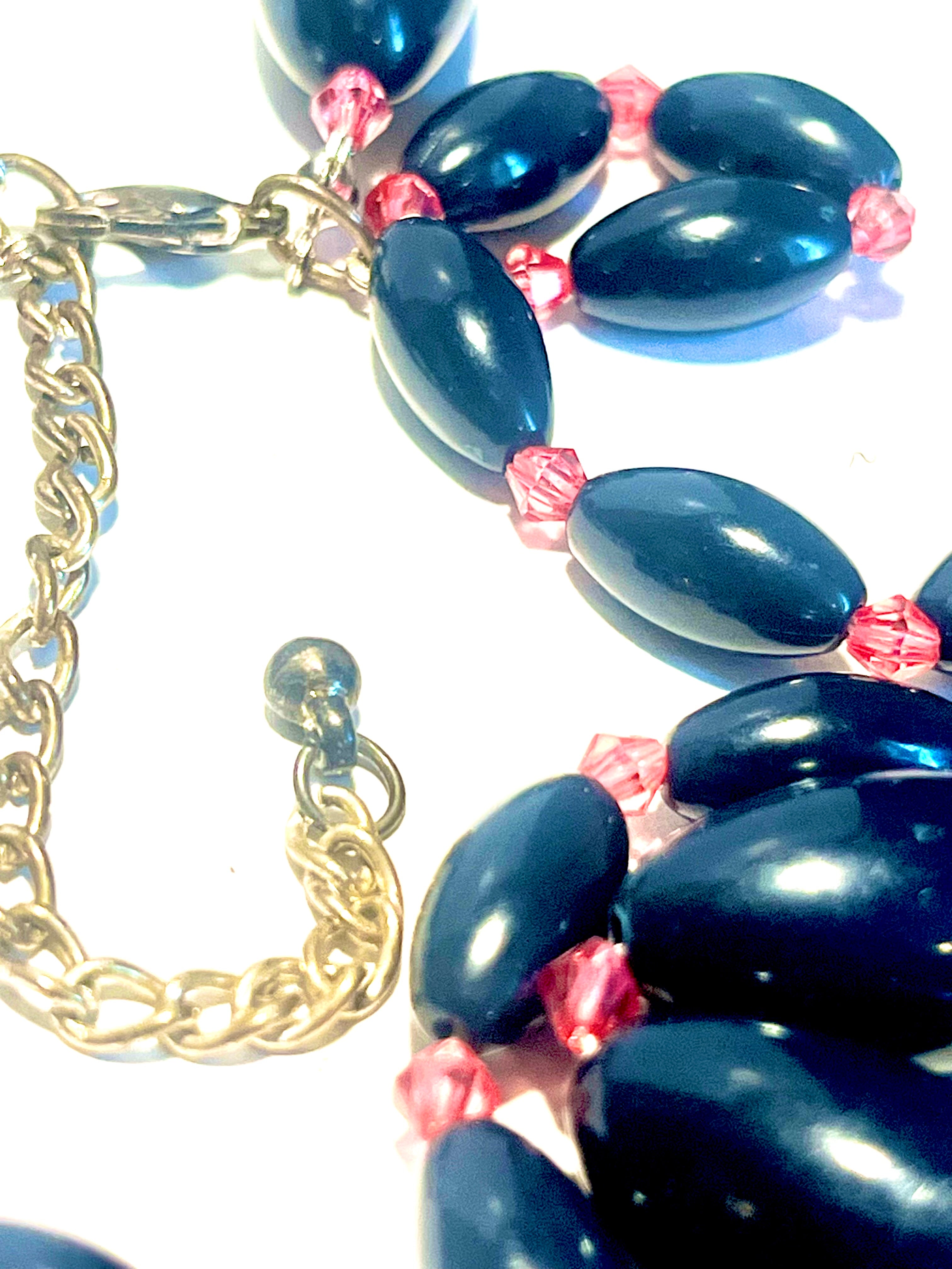 Vintage Black Oval Bead Necklace with Pink Crystal Spacers Long Retro Statement Necklace