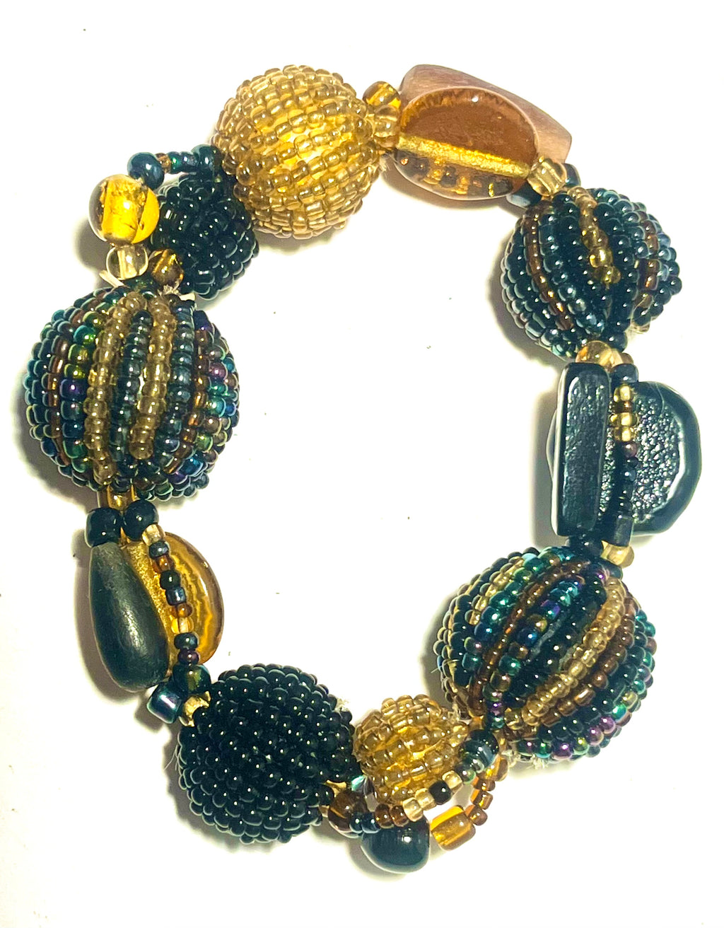 Handmade Artisan Beaded Bracelet Black Amber Seed Bead Statement Stretch Bracelet