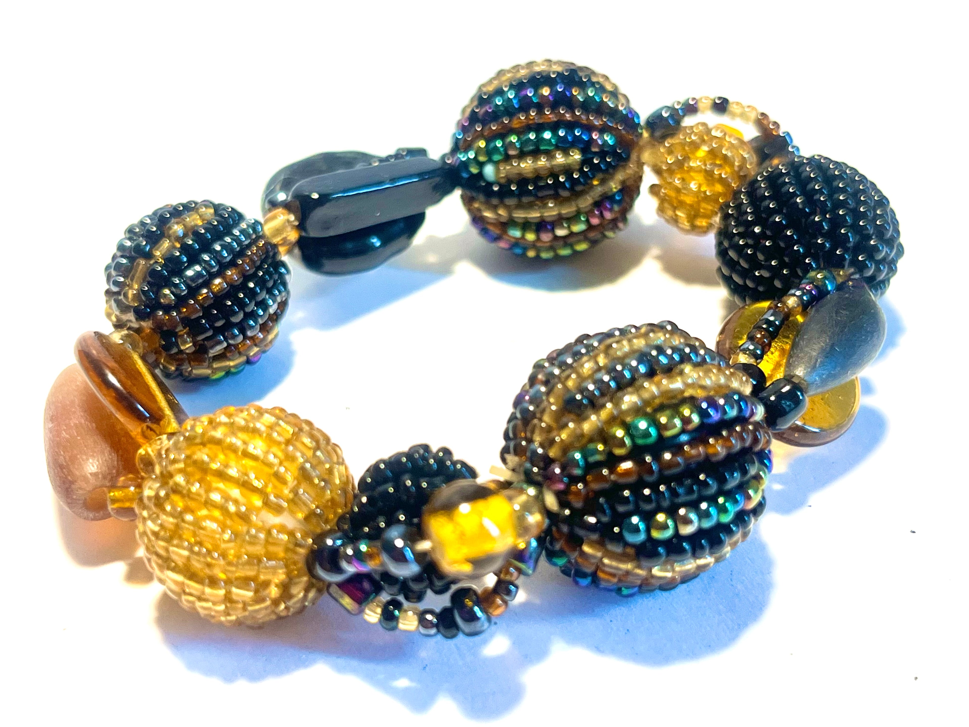 Handmade Artisan Beaded Bracelet Black Amber Seed Bead Statement Stretch Bracelet