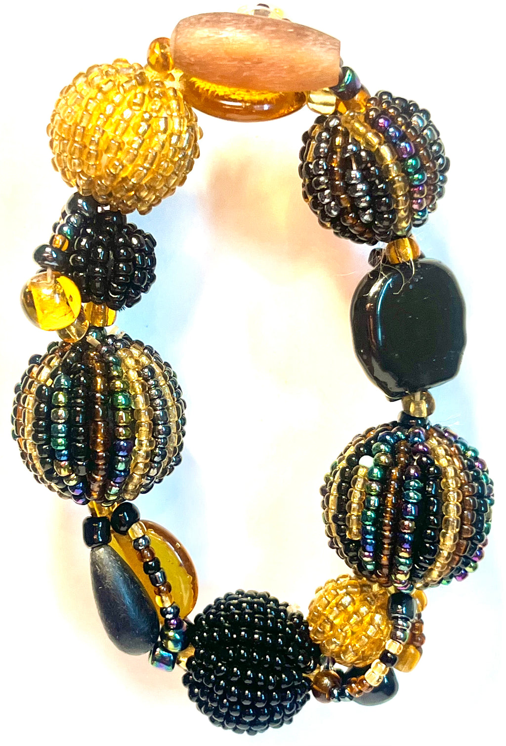 Handmade Artisan Beaded Bracelet Black Amber Seed Bead Statement Stretch Bracelet