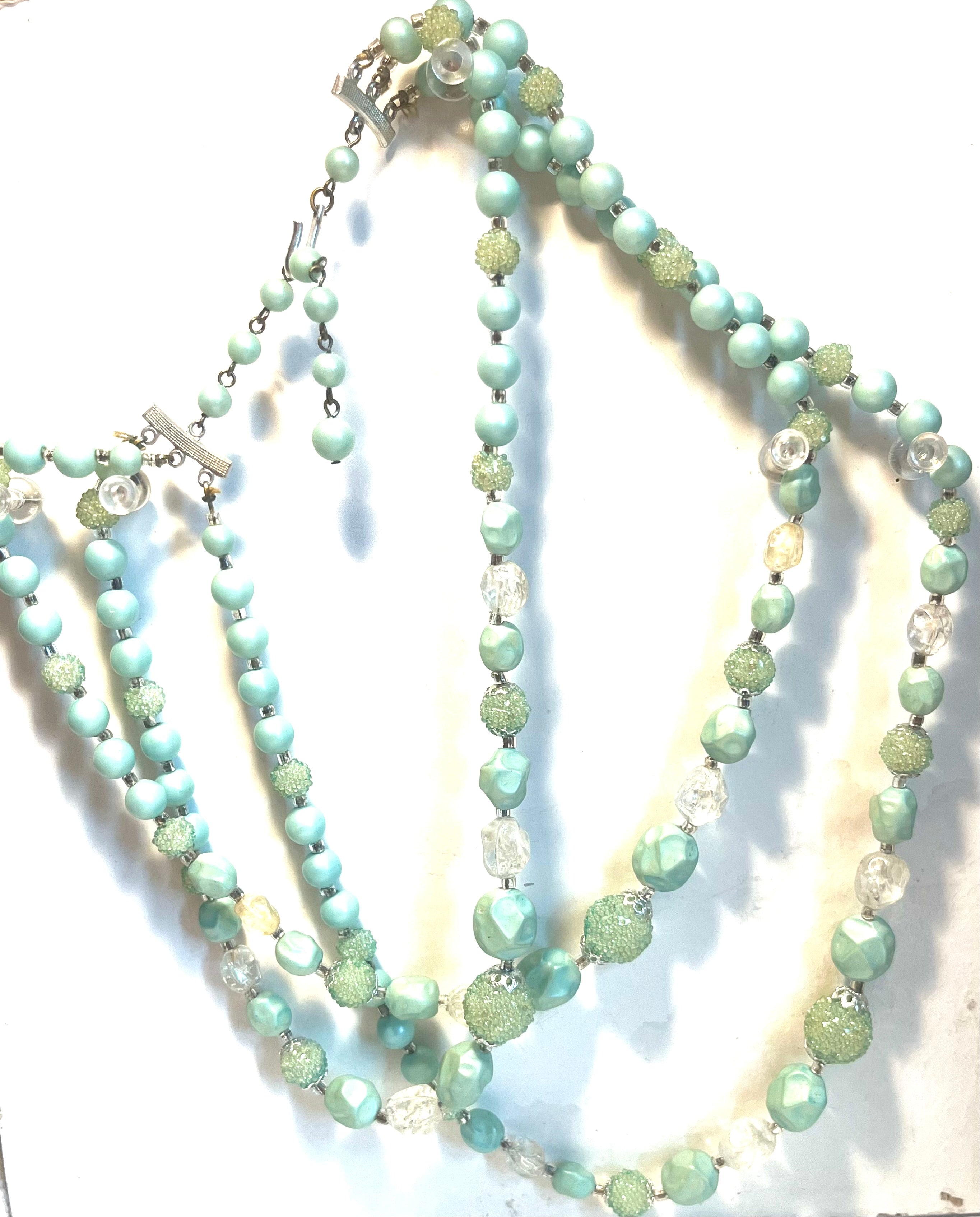 1950s Japanese Costume Jewelry Necklace Aqua Lucite Beads
