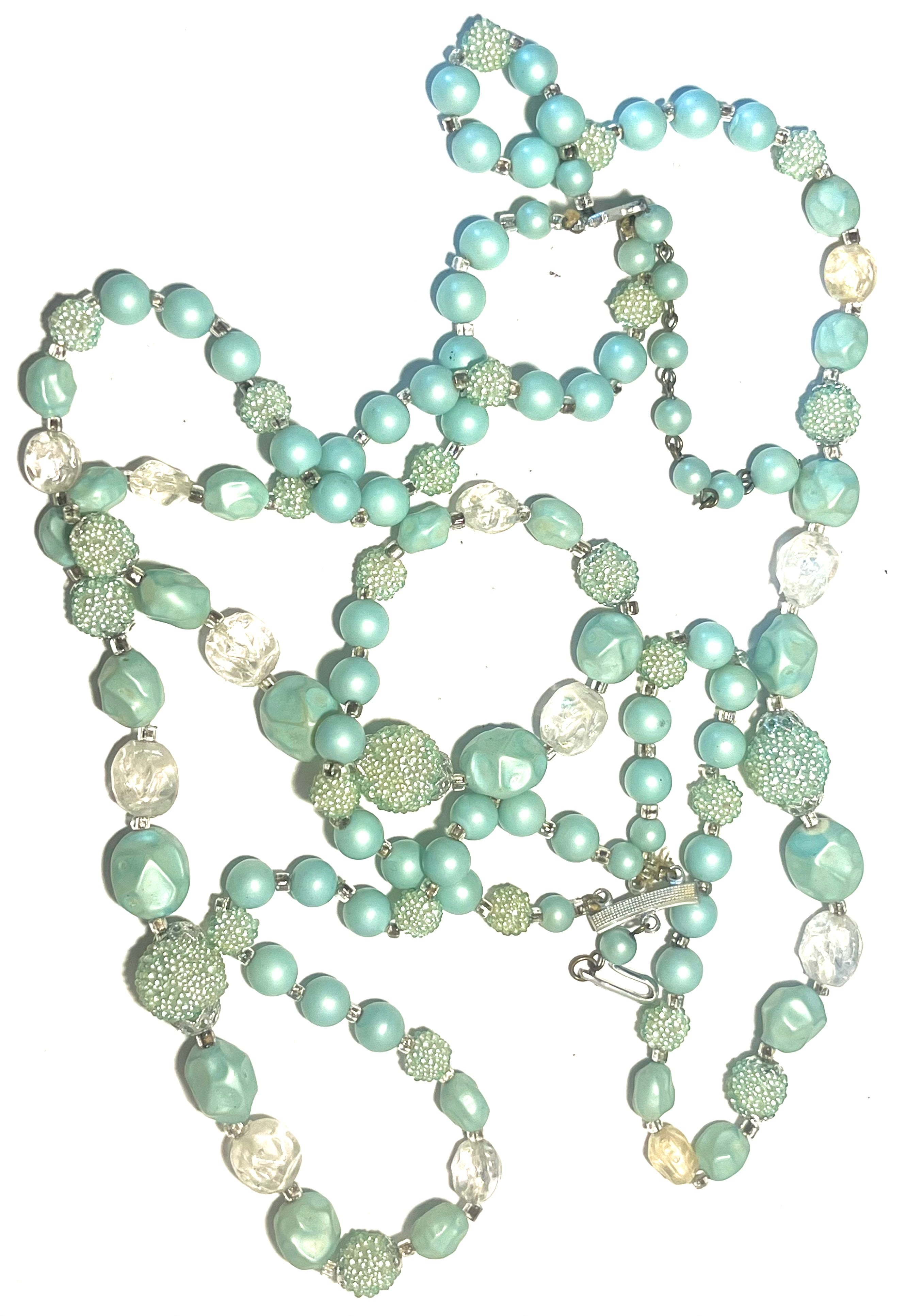 1950s Japanese Costume Jewelry Necklace Aqua Lucite Beads