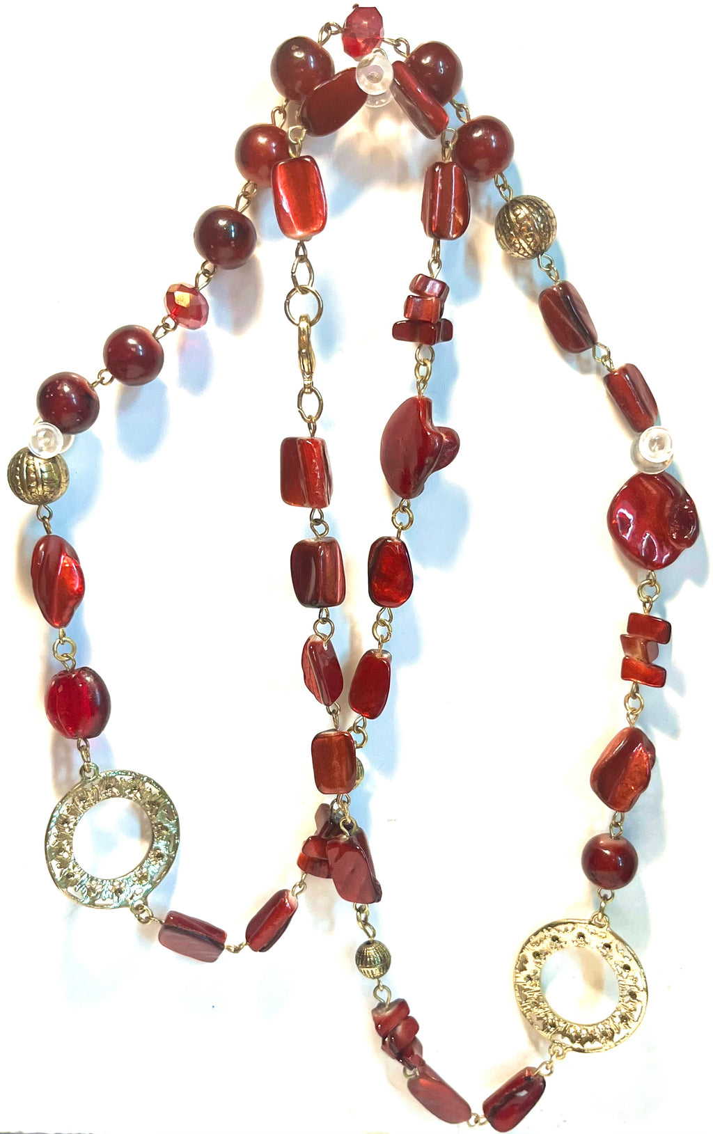 Vintage Red Lucite Statement Necklace – Gold Tone Rhinestone Circle Links – Mid Century Costume Jewelry