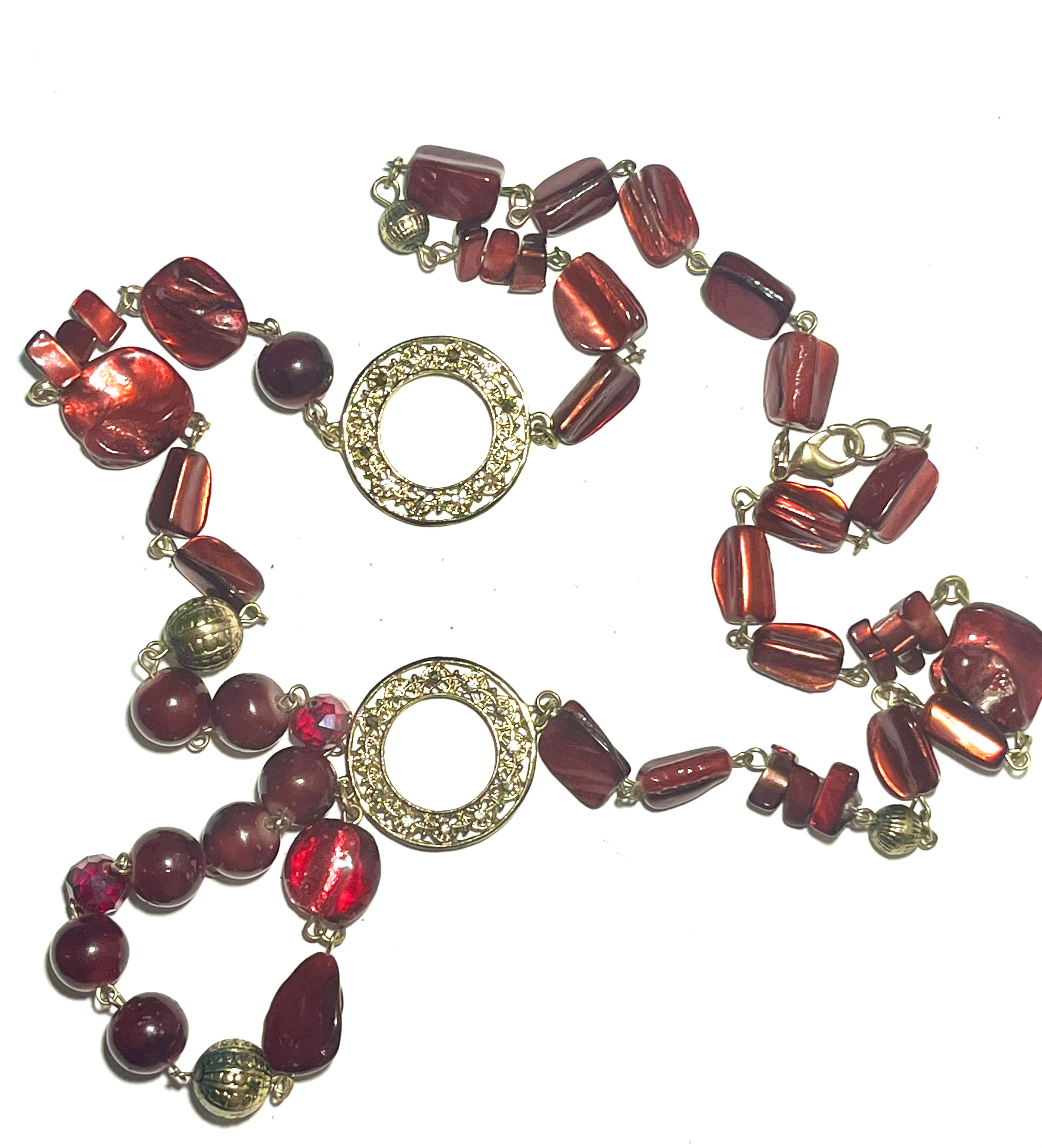 Vintage Red Lucite Statement Necklace – Gold Tone Rhinestone Circle Links – Mid Century Costume Jewelry