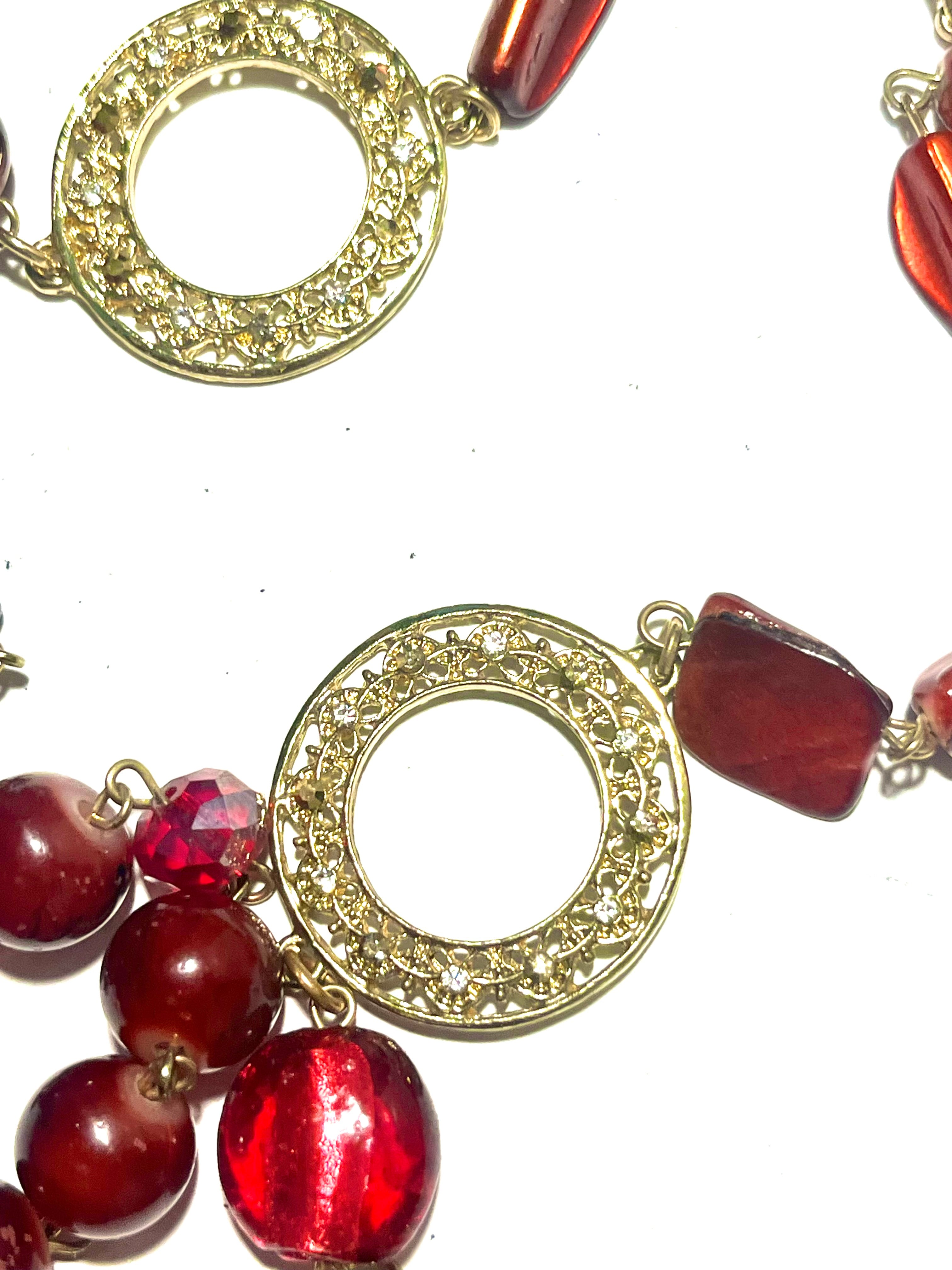 Vintage Red Lucite Statement Necklace – Gold Tone Rhinestone Circle Links – Mid Century Costume Jewelry