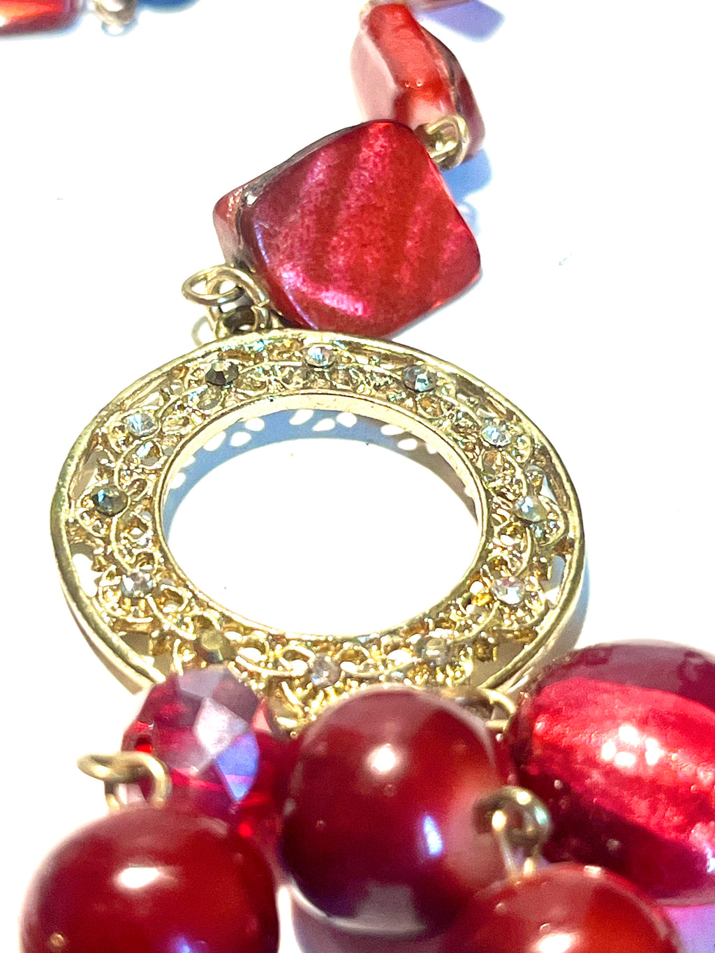 Vintage Red Lucite Statement Necklace – Gold Tone Rhinestone Circle Links – Mid Century Costume Jewelry