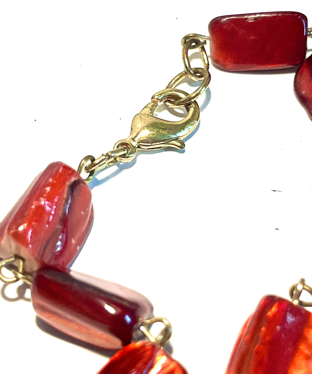 Vintage Red Lucite Statement Necklace – Gold Tone Rhinestone Circle Links – Mid Century Costume Jewelry