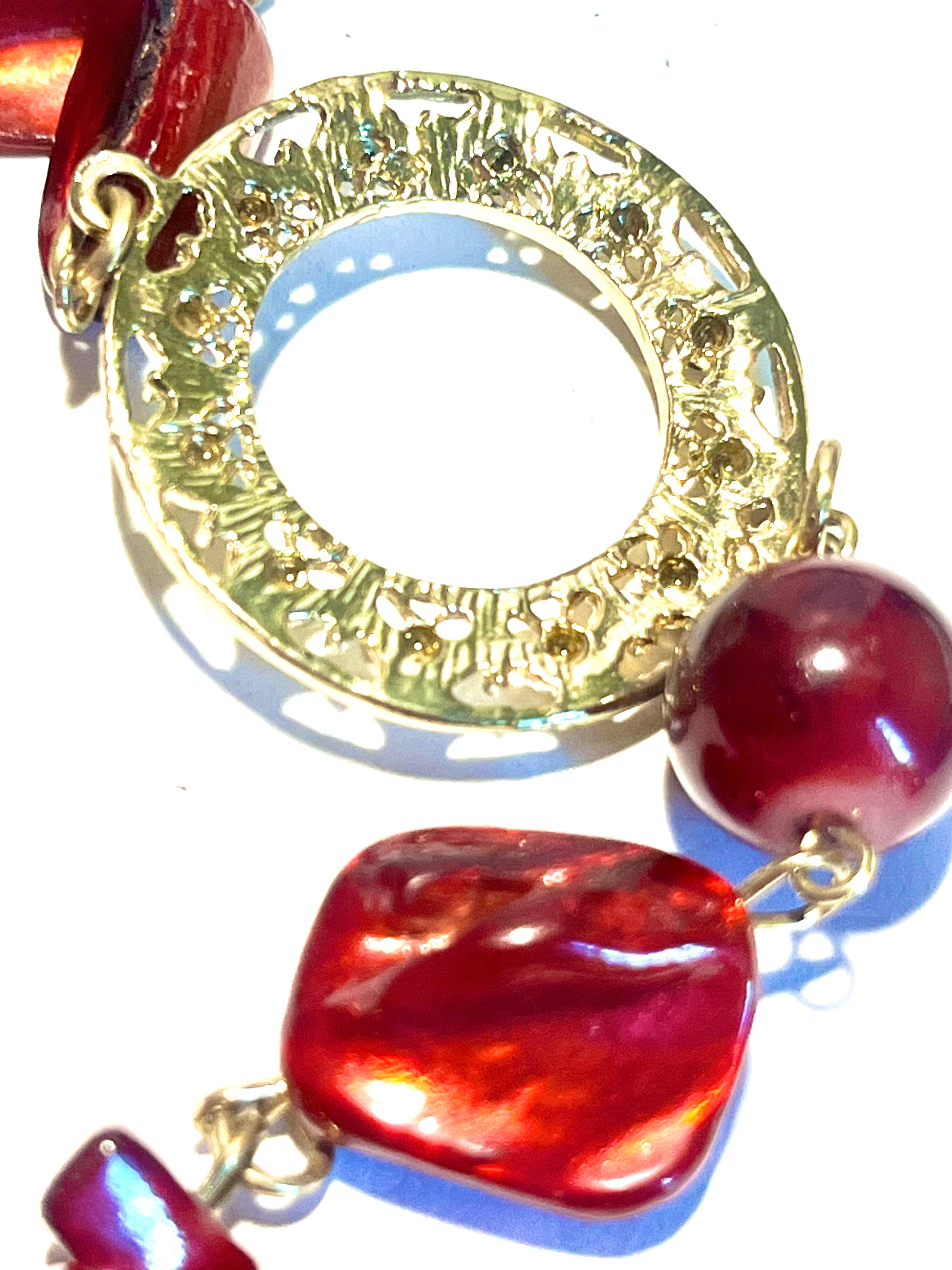 Vintage Red Lucite Statement Necklace – Gold Tone Rhinestone Circle Links – Mid Century Costume Jewelry