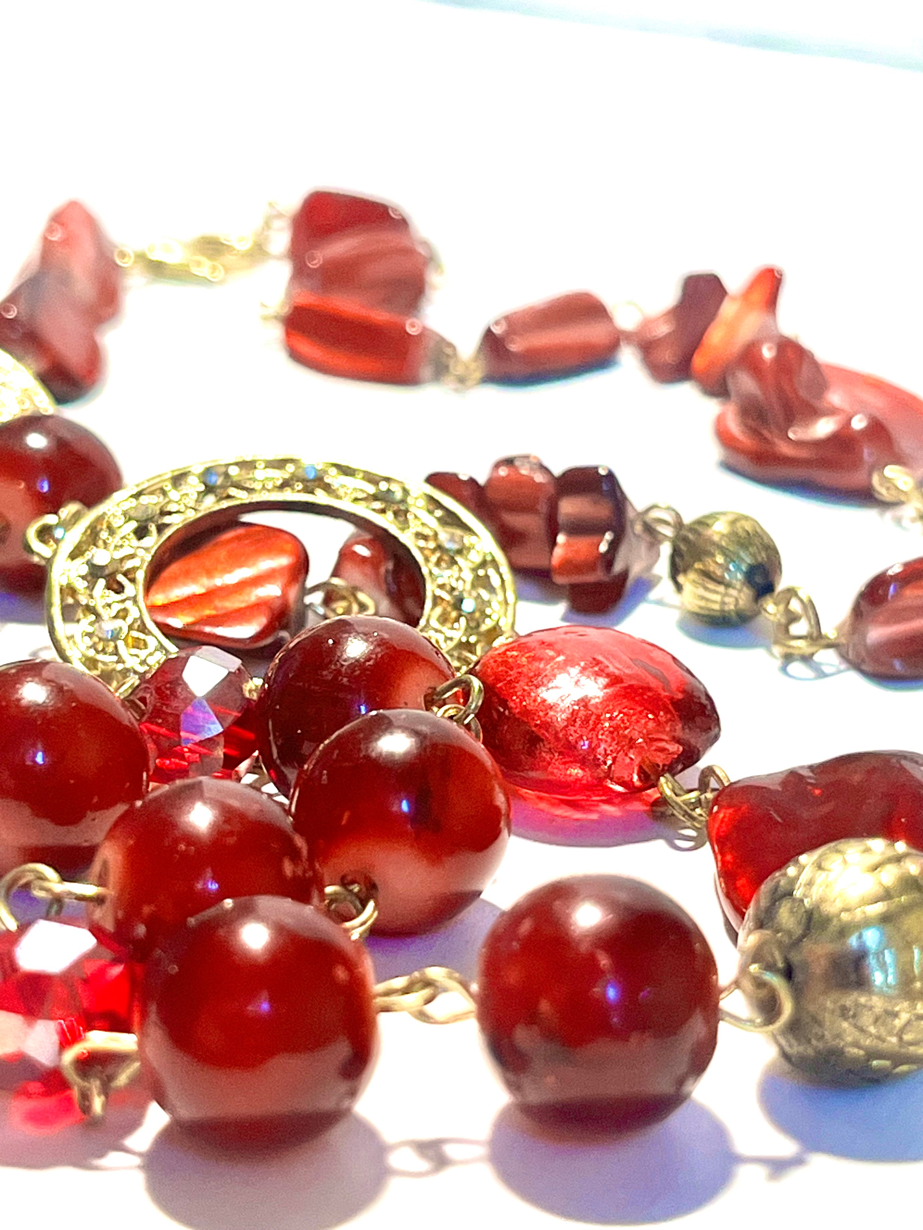 Vintage Red Lucite Statement Necklace – Gold Tone Rhinestone Circle Links – Mid Century Costume Jewelry