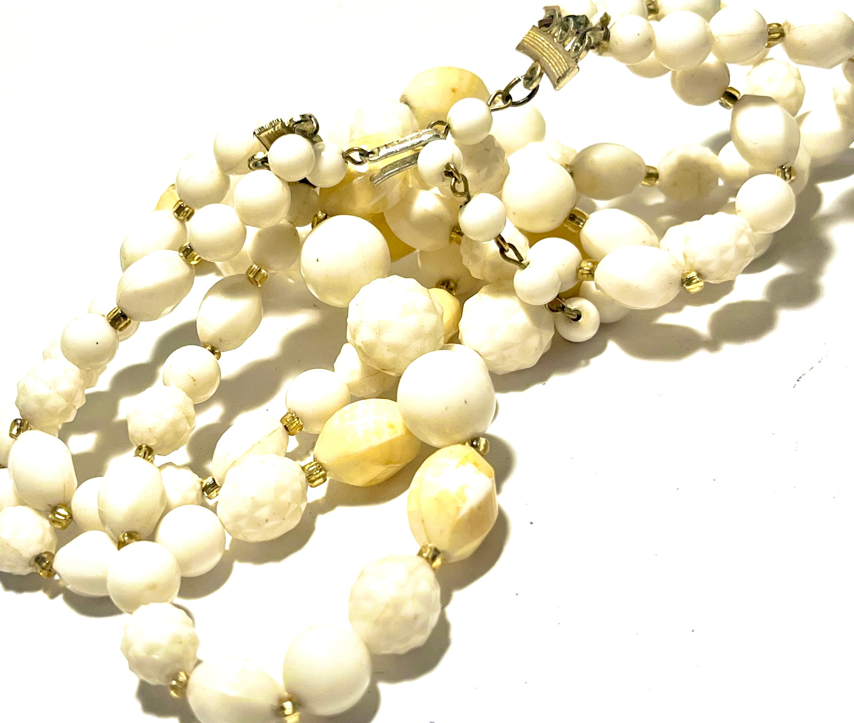 1950’s wedding/cottagecore Vintage White & Cream Multi-Strand Beaded Necklace | Faceted Lucite Beads | Mid Century Statement Necklace
