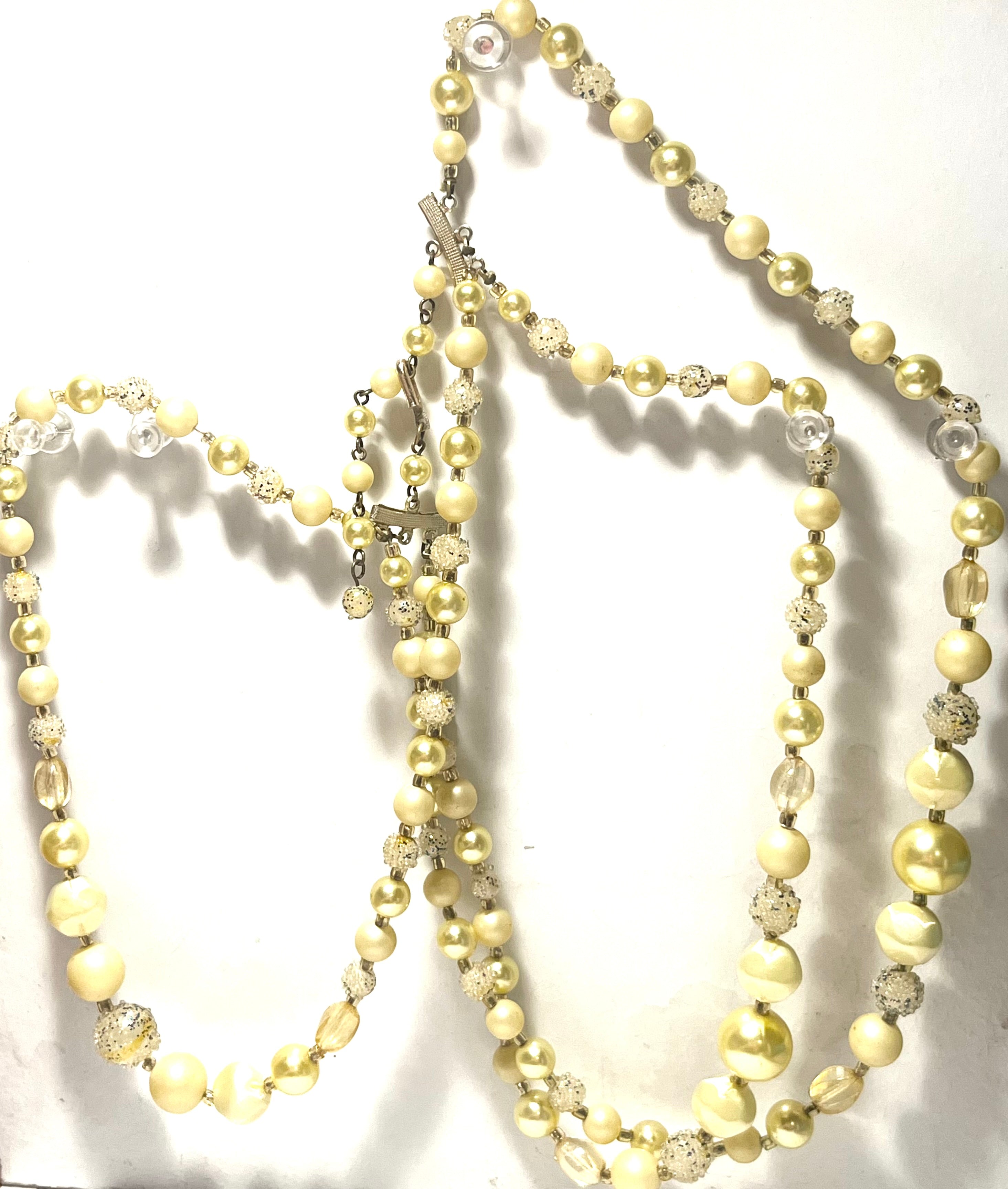 Vintage Japan Multi Strand Faux Pearl Necklace Yellow Cream Beaded Retro Statement Jewelry