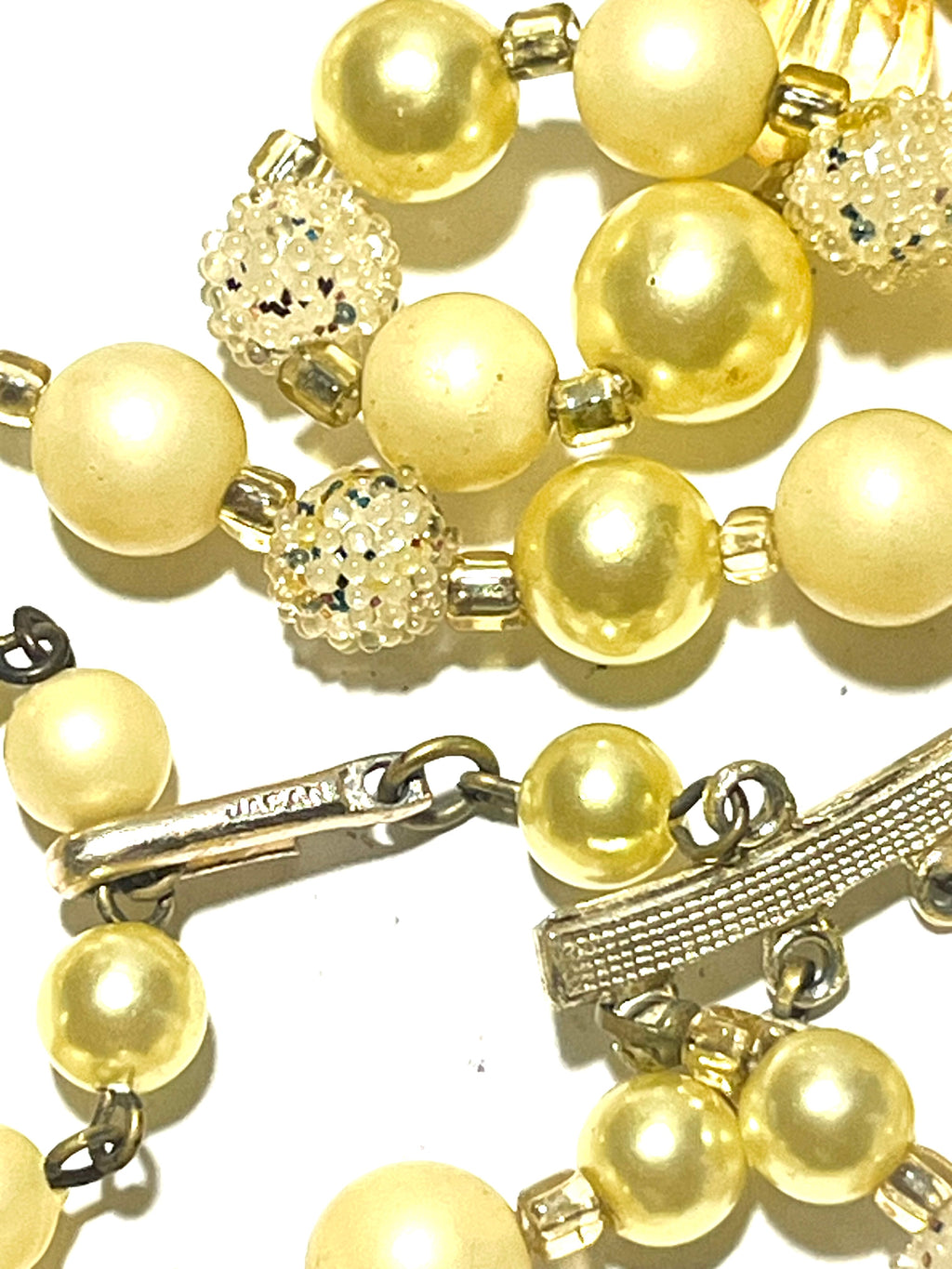 Vintage Japan Multi Strand Faux Pearl Necklace Yellow Cream Beaded Retro Statement Jewelry