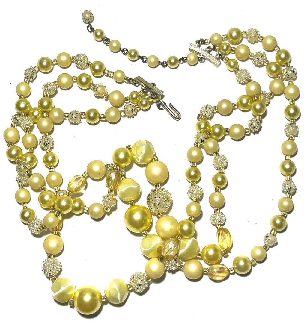 Vintage Japan Multi Strand Faux Pearl Necklace Yellow Cream Beaded Retro Statement Jewelry